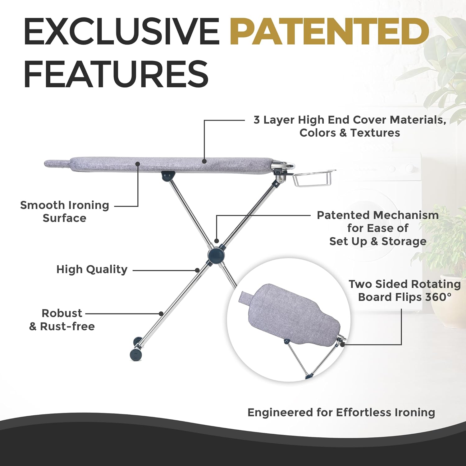 360‑degree rotating torso‑shaped ironing board with 8‑level height adjustment, swivel iron rest and padded removable cover for effortless home ironing.