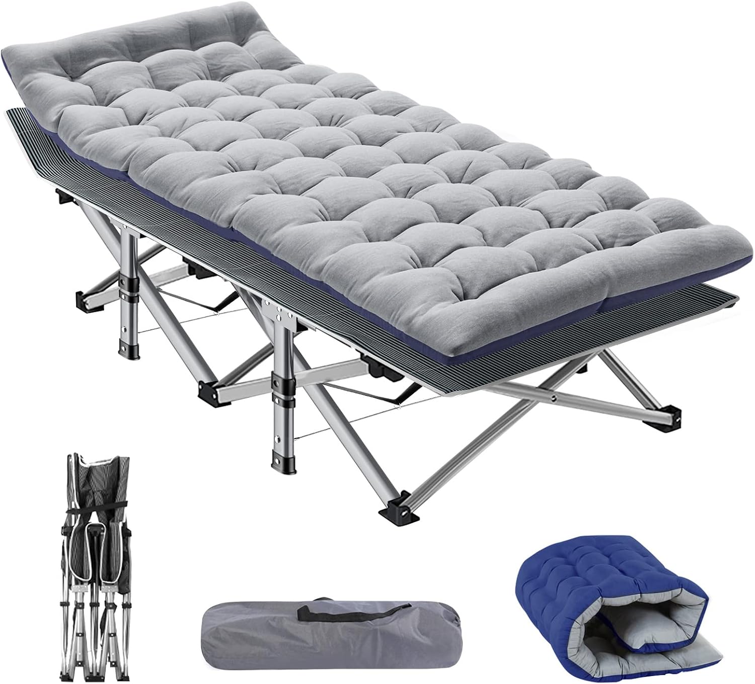 Heavy-duty folding camping cot with rust-proof steel frame and tough 1200D Oxford fabric, supporting 900lbs. Fast 10-second setup, removable dual-colour mattress and portable design for indoor and outdoor sleeping.