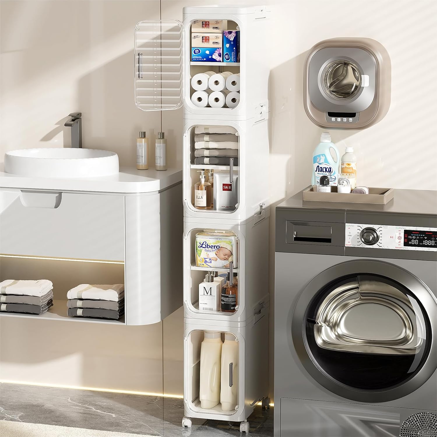 Versatile slim rolling storage cabinet with double doors and removable shelves, portable wheeled design perfect for organising narrow bathroom, kitchen, laundry and corner small spaces.