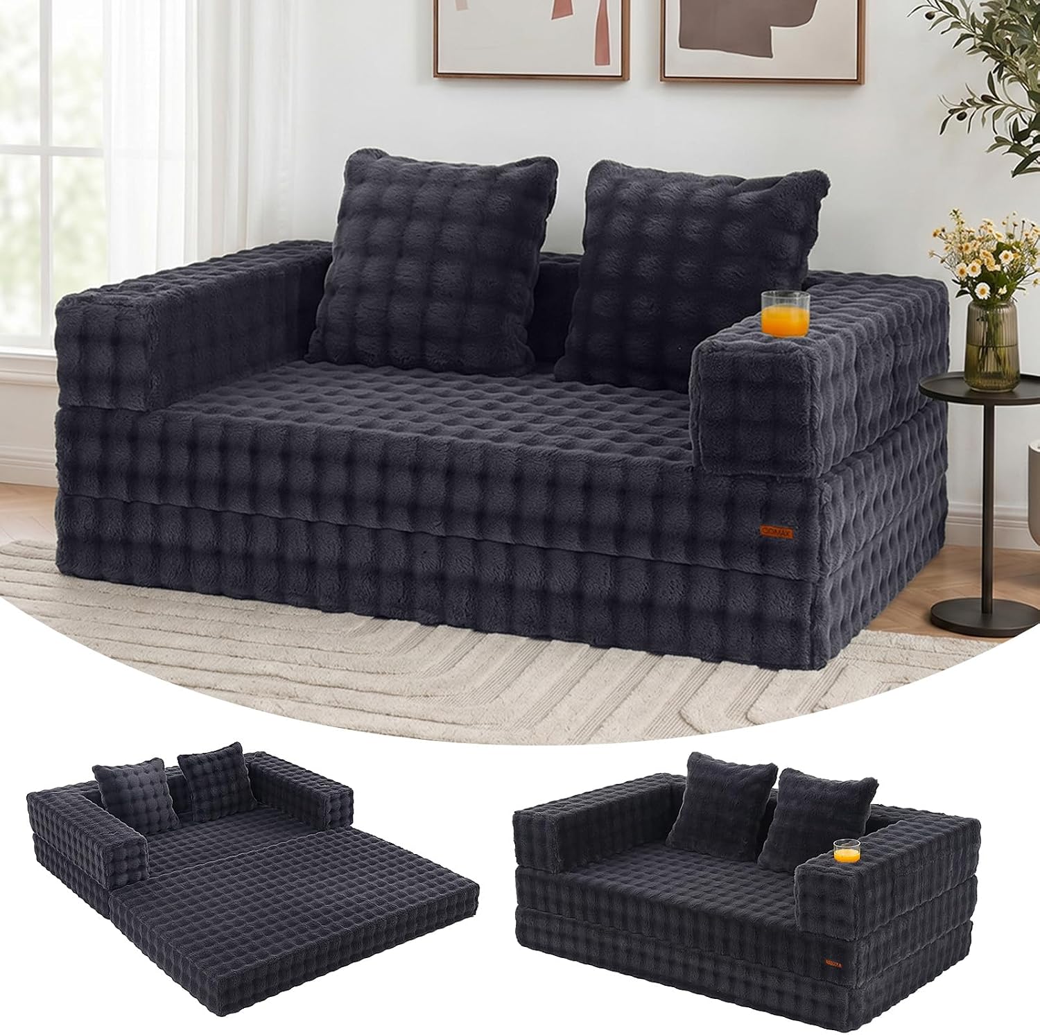 Cnmcld Boneless Futon Sofa Bed, 59" Small Low-Profile Floor Couch, Black