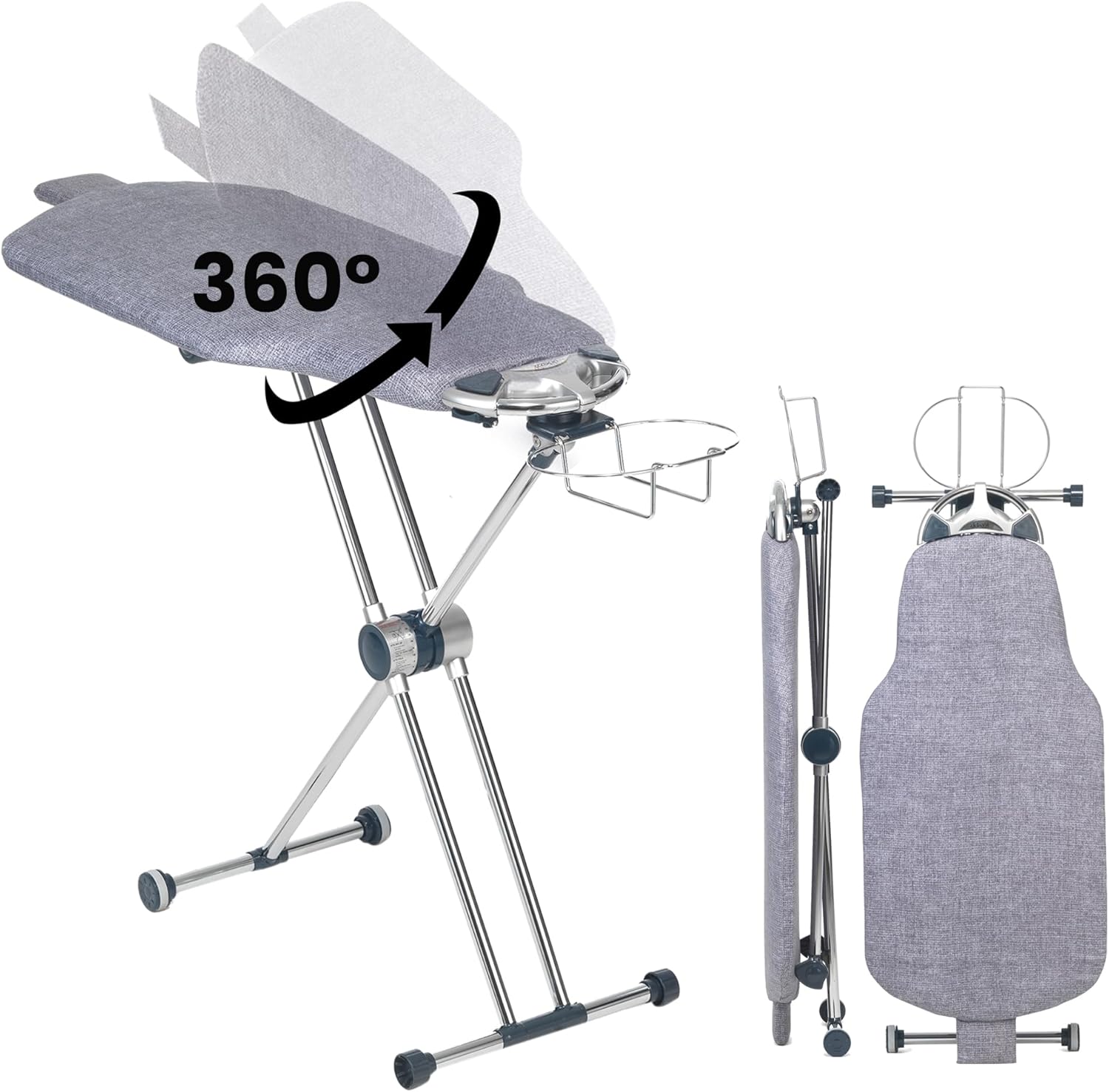 360‑degree rotating torso‑shaped ironing board with 8‑level height adjustment, swivel iron rest and padded removable cover for effortless home ironing.