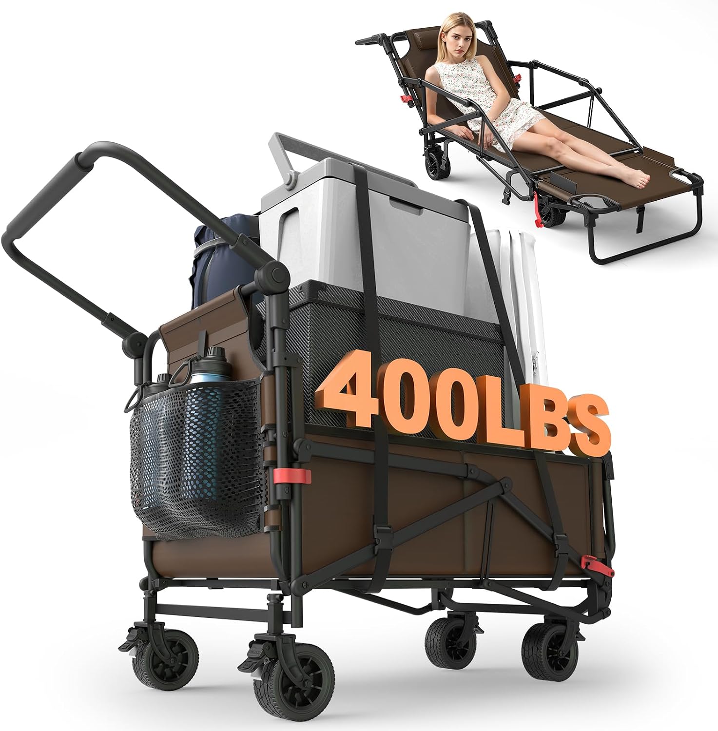 2‑in‑1 utility wagon‑to‑beach‑chair combo, high‑strength alloy frame, large capacity, tough 600D Oxford fabric and smooth all‑terrain 360° swivel wheels for outdoors.
