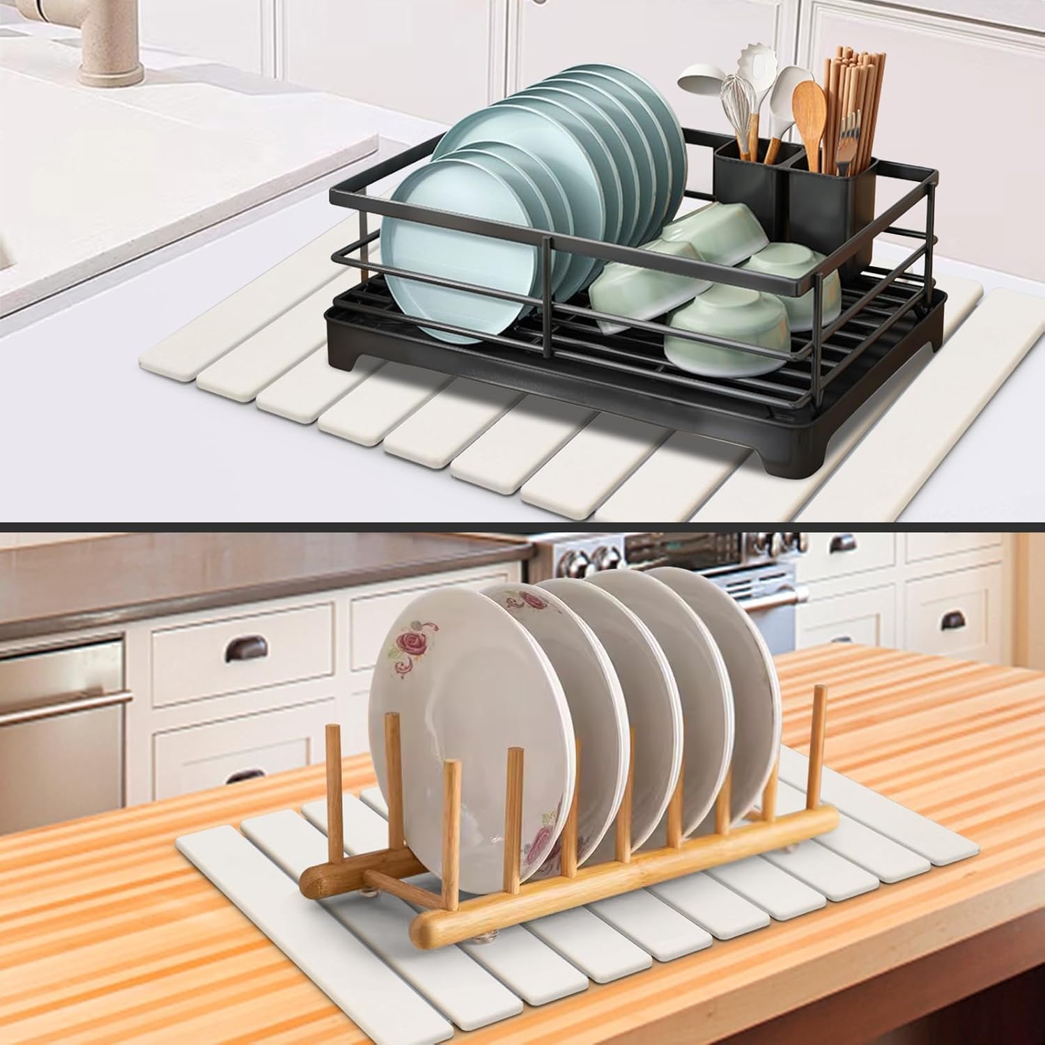 Large foldable diatomaceous‑earth dish drying mat, highly absorbent and quick‑drying, eco‑friendly design for cups, bottles and tableware, suits most kitchen countertops.