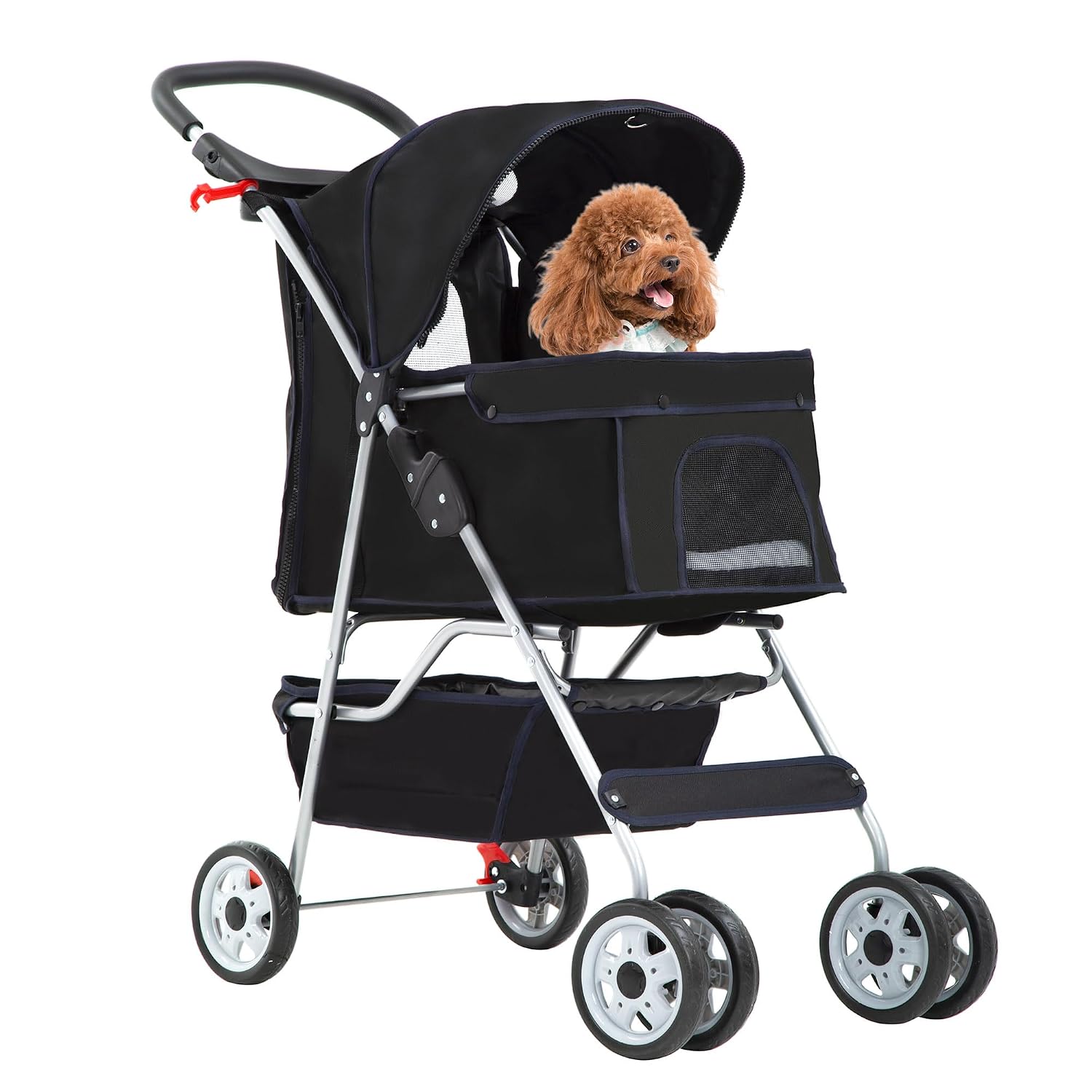 Lightweight foldable pet stroller with waterproof Oxford fabric, breathable mesh, safety brakes and storage space, ideal for walking, jogging and travelling with small dogs and cats.