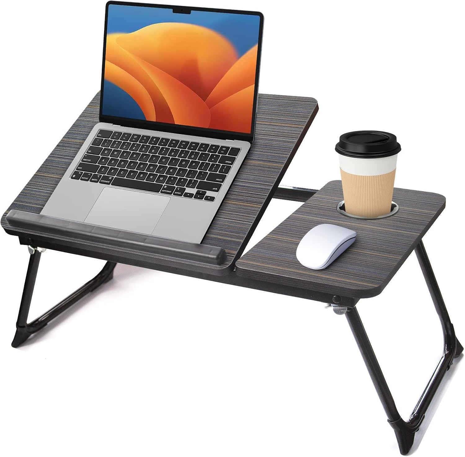 Practical split‑top folding lap desk with angle‑adjustable panel, lockable metal legs and non‑slip feet, ideal for laptop work, snacks and reading in bed or on the sofa.