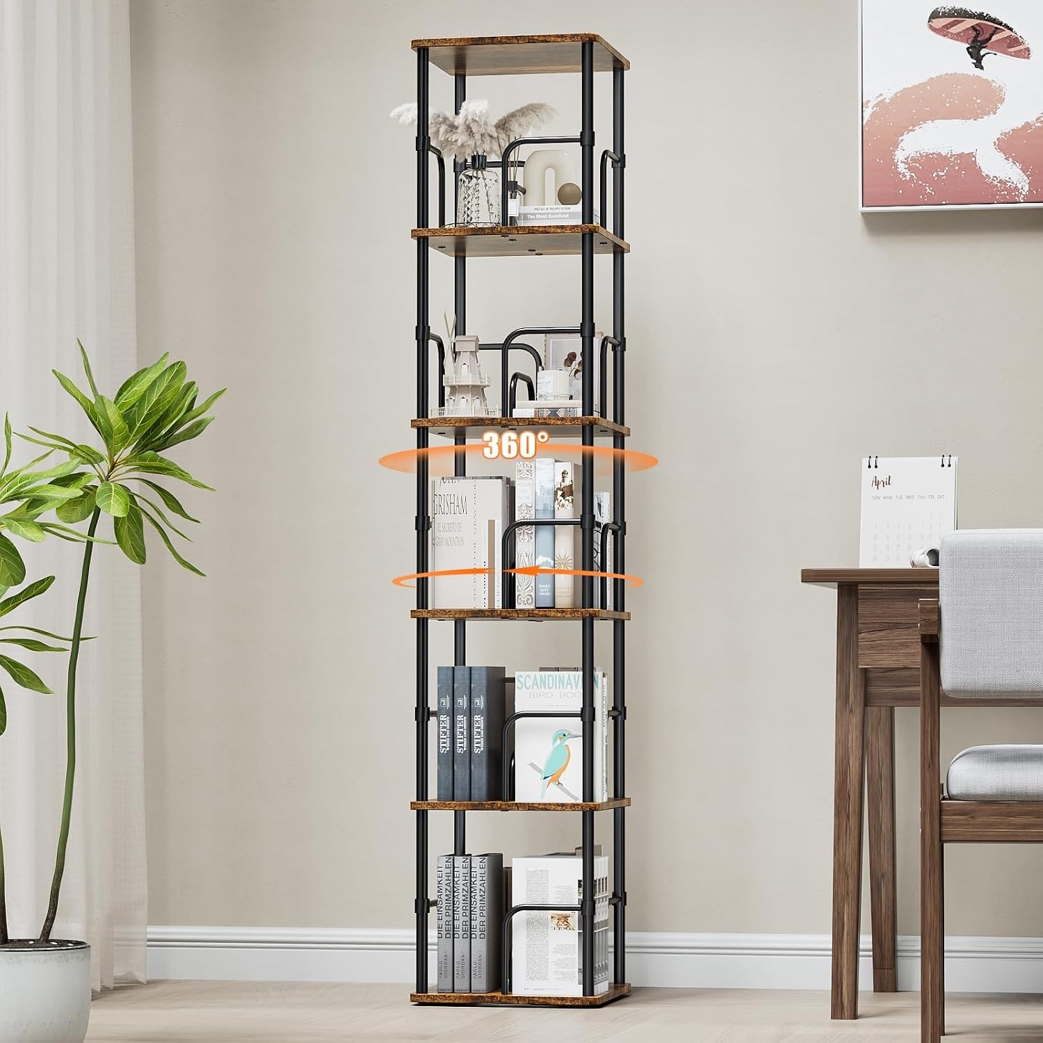 360‑degree rotating 5‑tier bookshelf crafted from robust MDF with metal frame. Customisable assembly, large capacity for books and decor, rounded safe edges, ideal storage for living rooms and bedrooms.