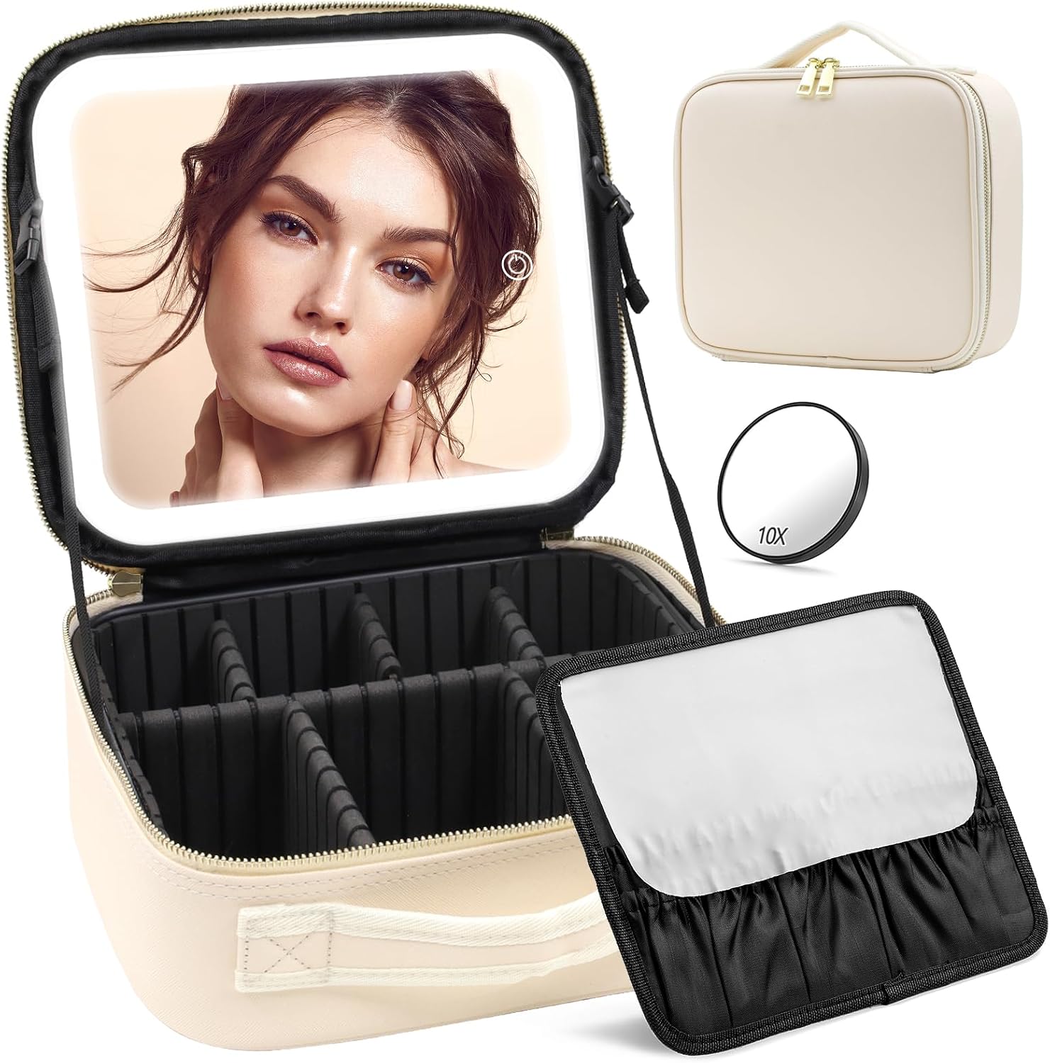 Travel‑friendly lighted makeup bag with detachable magnetic LED mirror, adjustable compartments, waterproof PU, perfect for travel and gifting.