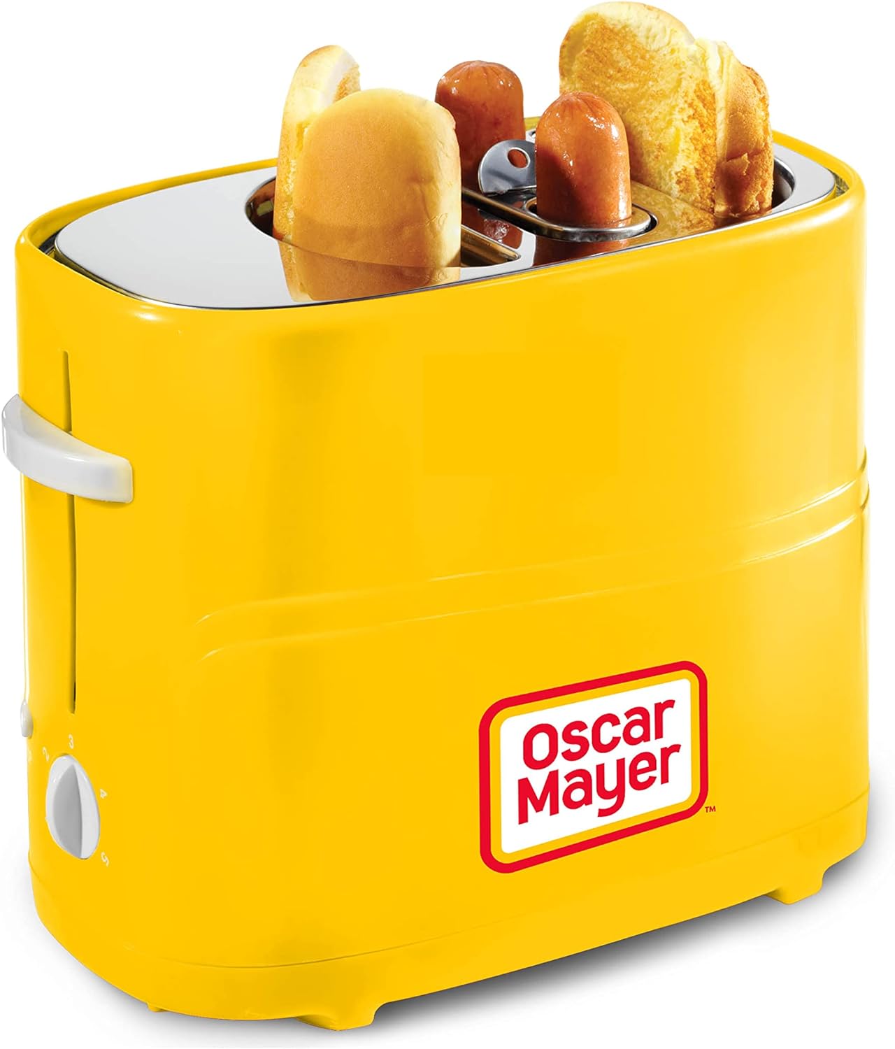 Retro‑styled 2‑slot hot dog cooker toasts buns and cooks multiple sausage types, supplied with mini tongs, great for quick snacks and casual home parties.