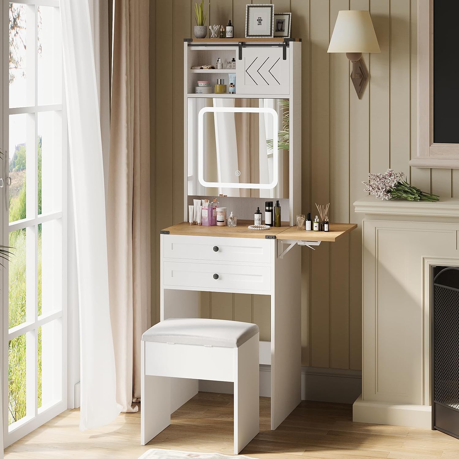 Compact space‑saving dressing‑table set with drop‑leaf top, storage drawers, stowable storage stool and dimmable three‑tone LED mirror for small bedrooms and apartments.