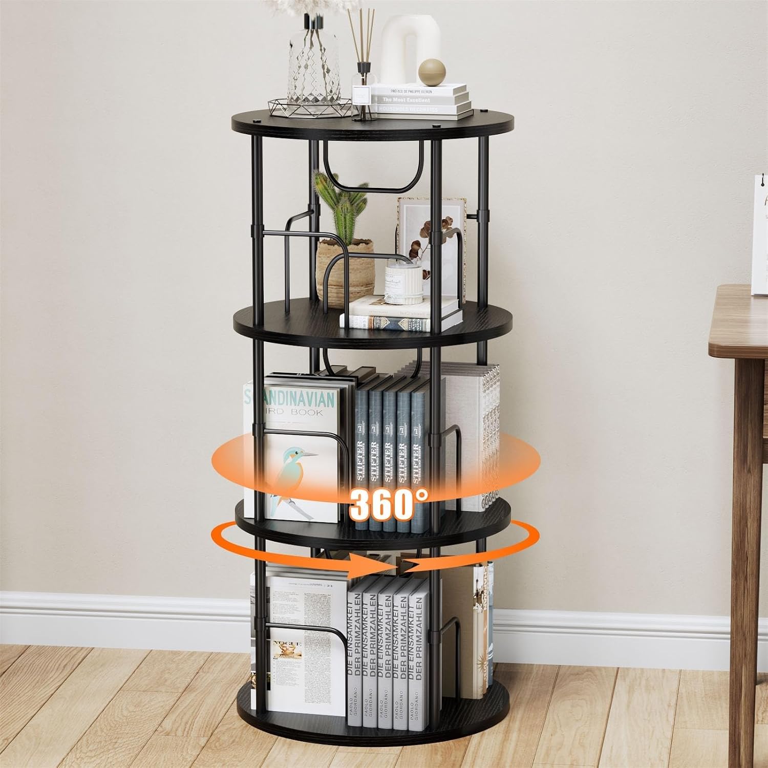 360‑degree rotating 5‑tier bookshelf crafted from robust MDF with metal frame. Customisable assembly, large capacity for books and decor, rounded safe edges, ideal storage for living rooms and bedrooms.