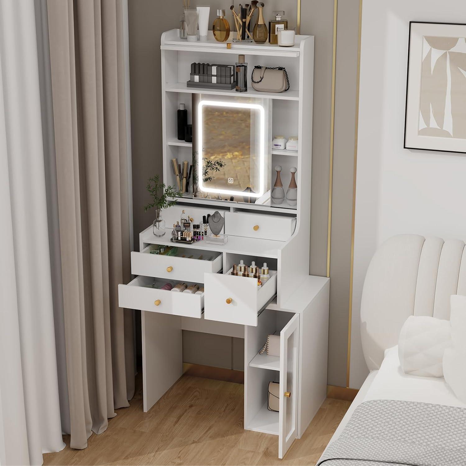Compact space‑saving dressing‑table set with drop‑leaf top, storage drawers, stowable storage stool and dimmable three‑tone LED mirror for small bedrooms and apartments.