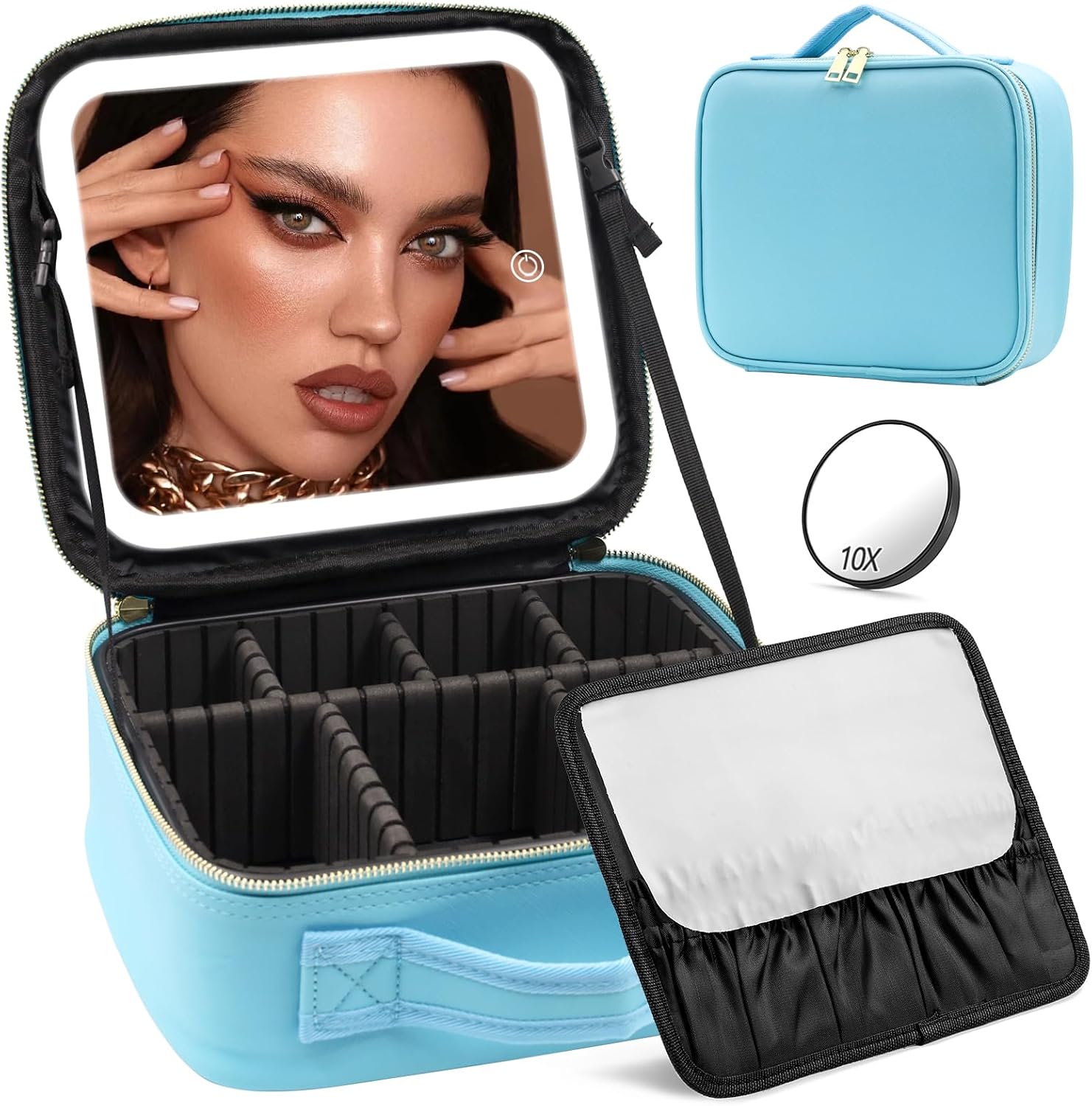 Travel‑friendly lighted makeup bag with detachable magnetic LED mirror, adjustable compartments, waterproof PU, perfect for travel and gifting.
