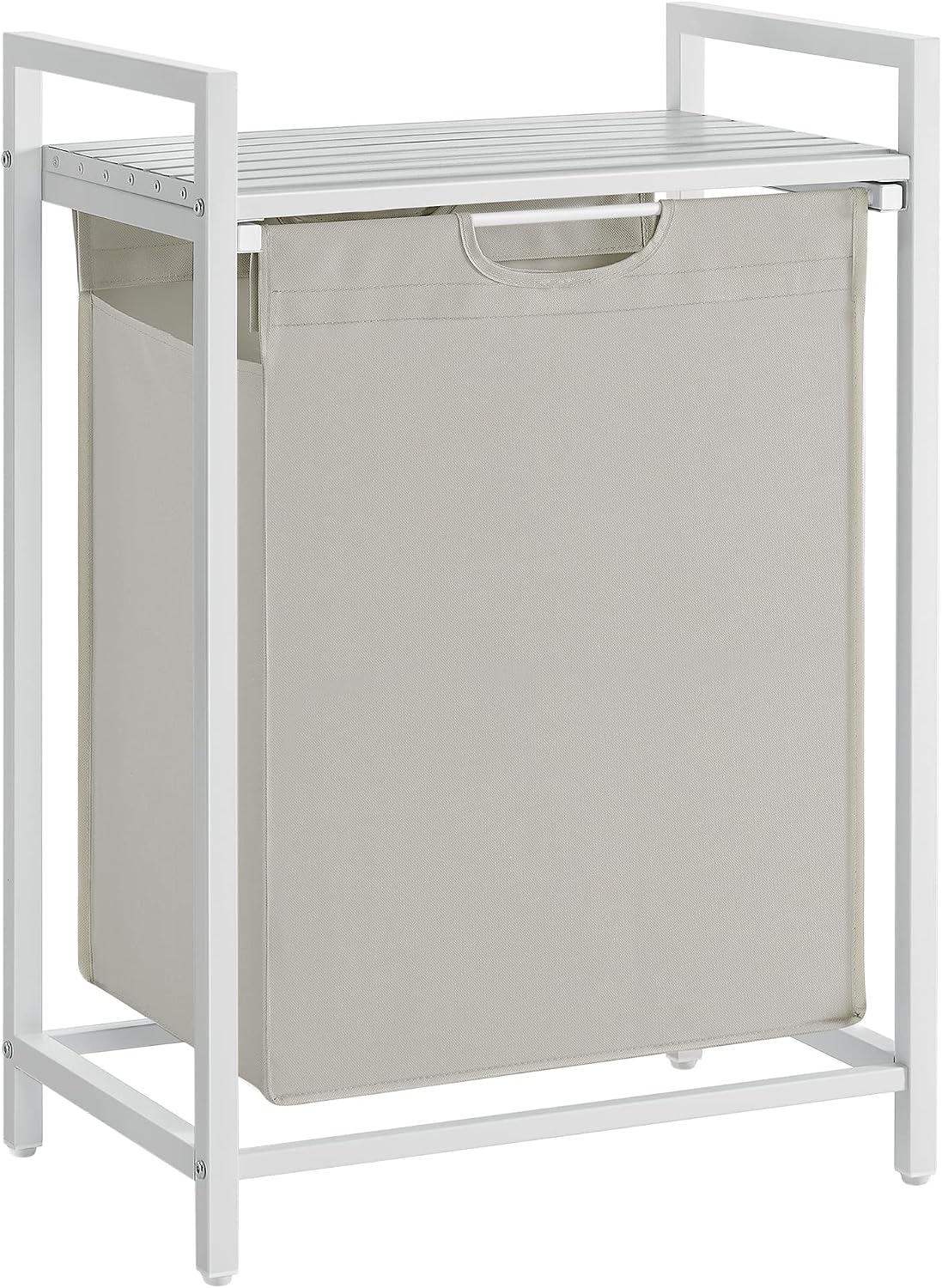 Laundry hamper with ventilated top shelf, removable washable fabric bags, robust steel‑MDF frame holding 44 lbs and adjustable feet for tidy bedroom, bathroom and utility‑room storage.