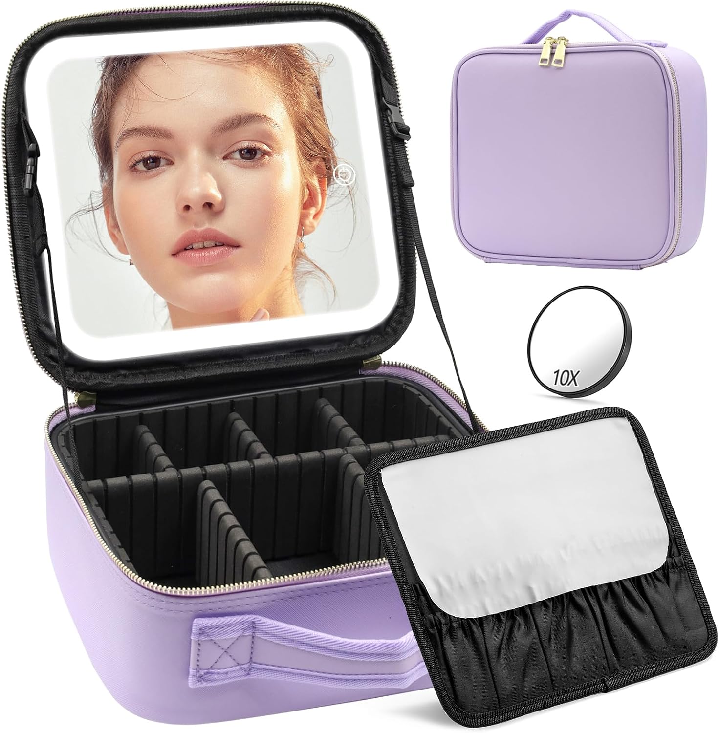 Travel‑friendly lighted makeup bag with detachable magnetic LED mirror, adjustable compartments, waterproof PU, perfect for travel and gifting.