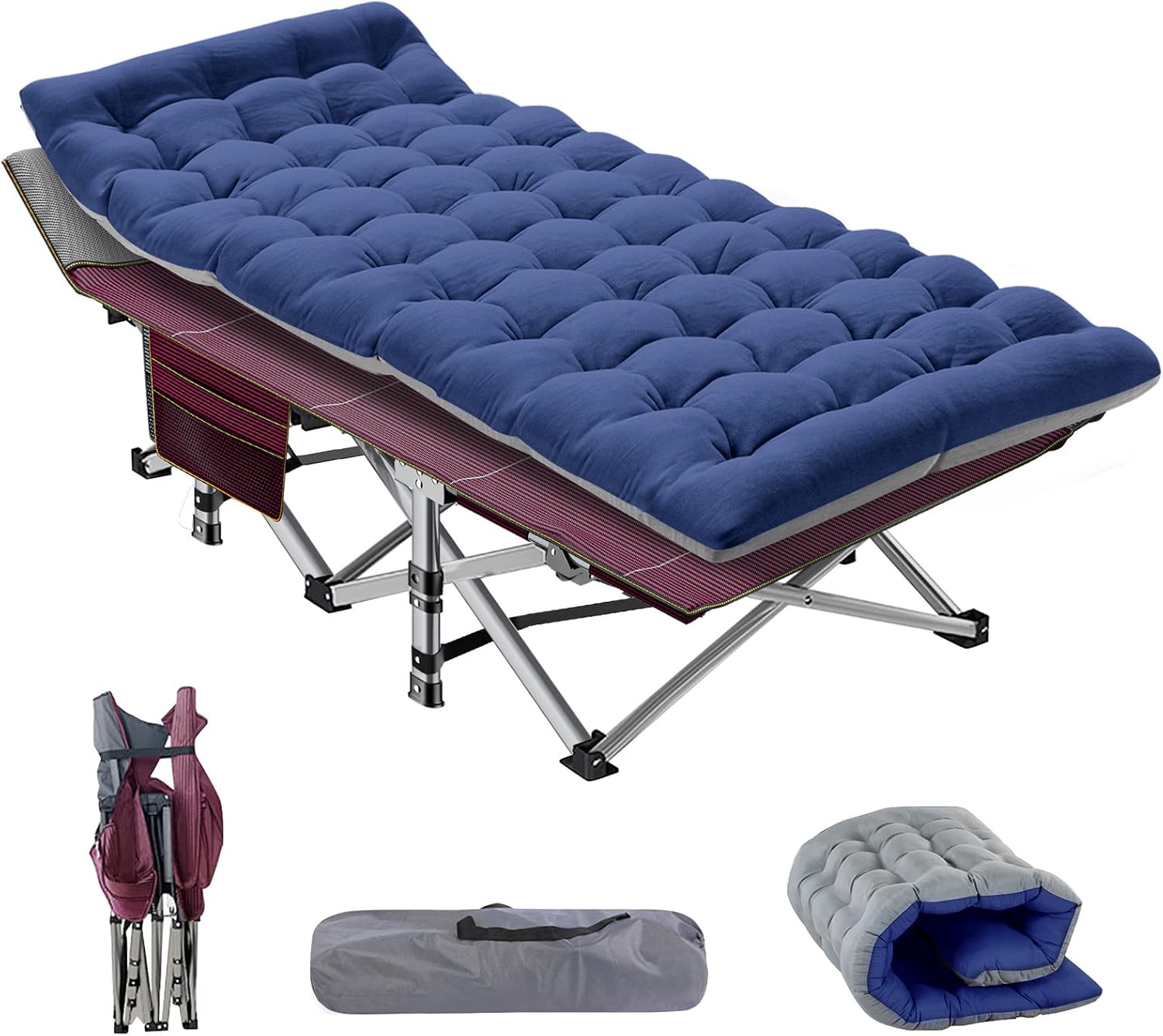 Heavy-duty folding camping cot with rust-proof steel frame and tough 1200D Oxford fabric, supporting 900lbs. Fast 10-second setup, removable dual-colour mattress and portable design for indoor and outdoor sleeping.