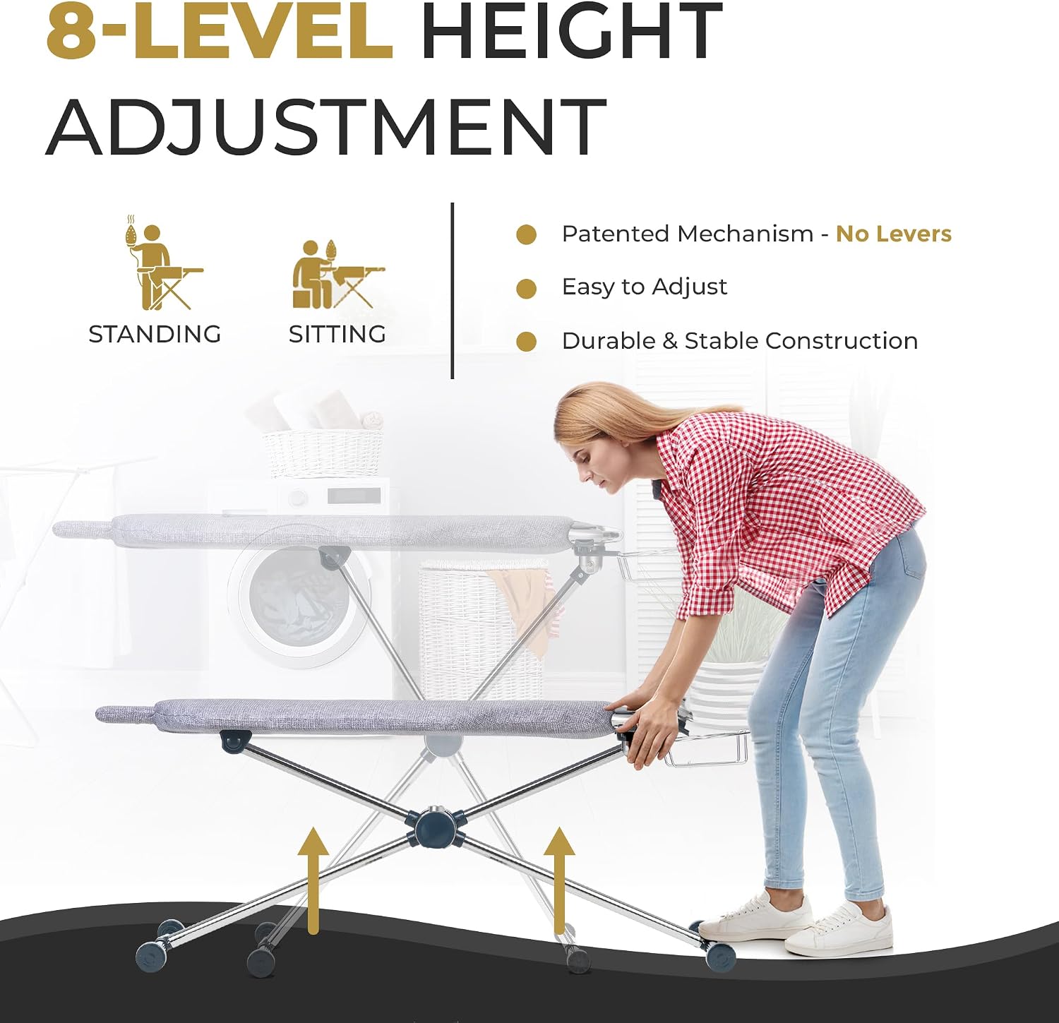 360‑degree rotating torso‑shaped ironing board with 8‑level height adjustment, swivel iron rest and padded removable cover for effortless home ironing.