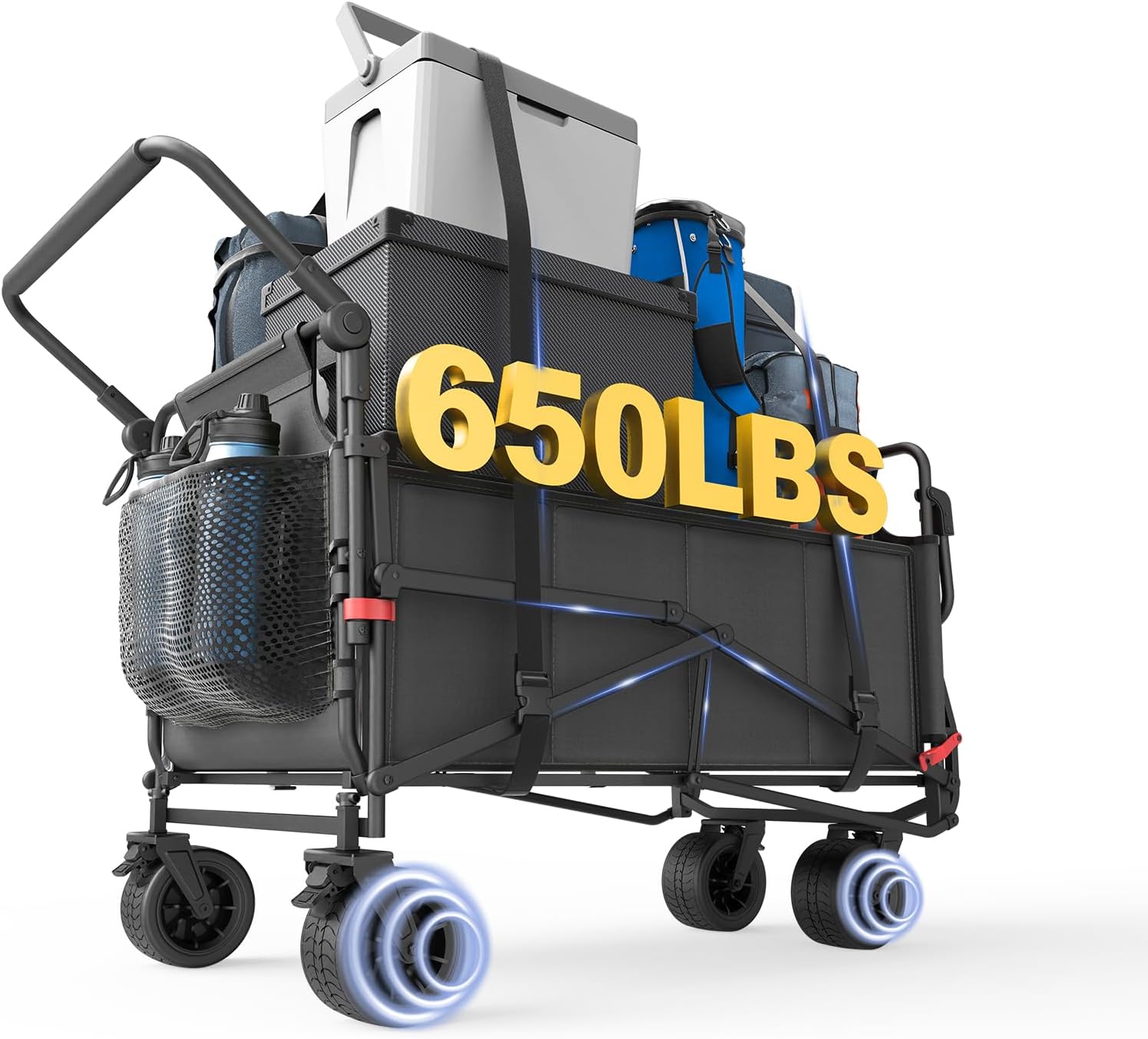2‑in‑1 utility wagon‑to‑beach‑chair combo, high‑strength alloy frame, large capacity, tough 600D Oxford fabric and smooth all‑terrain 360° swivel wheels for outdoors.