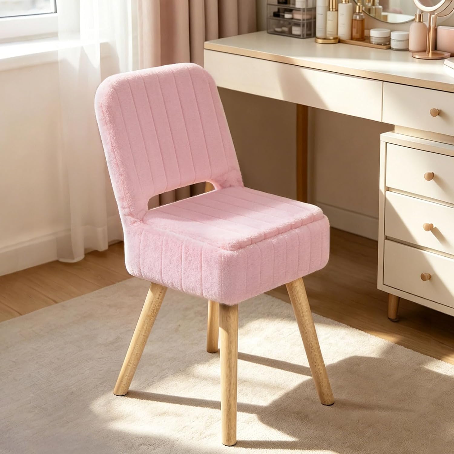 `Faux Rabbit Fur Vanity Stool with Storage & Folding Backrest, Solid Wood Leg Small Makeup Ottoman Chair for Bedroom Closet, White`