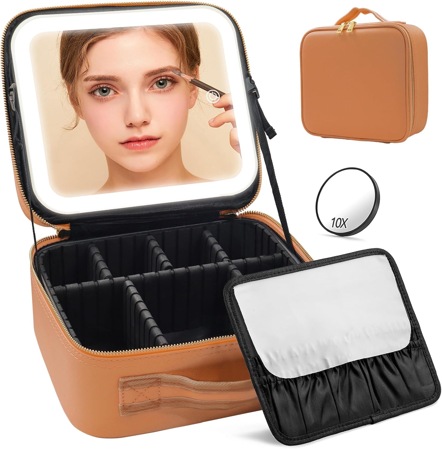 Travel‑friendly lighted makeup bag with detachable magnetic LED mirror, adjustable compartments, waterproof PU, perfect for travel and gifting.