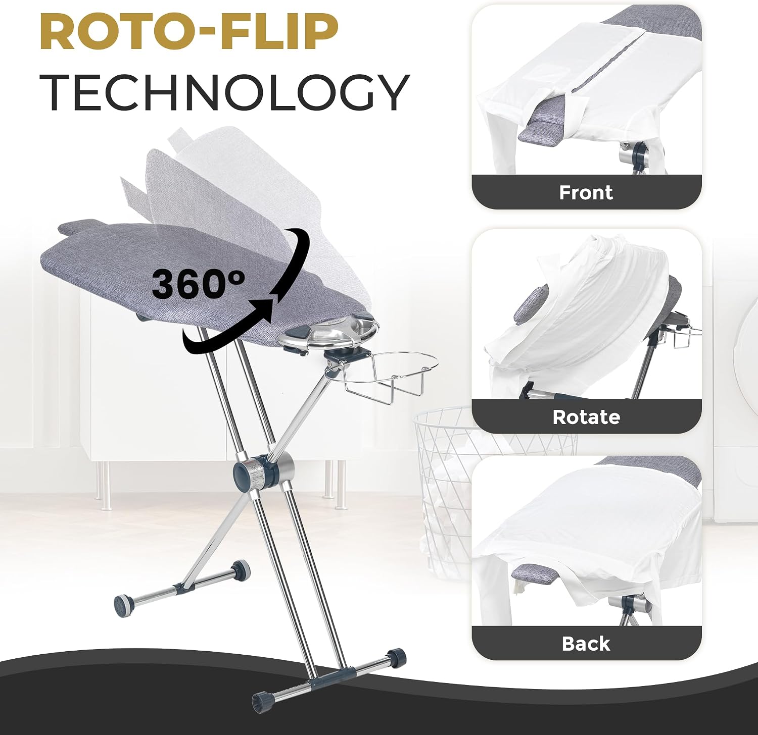 360‑degree rotating torso‑shaped ironing board with 8‑level height adjustment, swivel iron rest and padded removable cover for effortless home ironing.