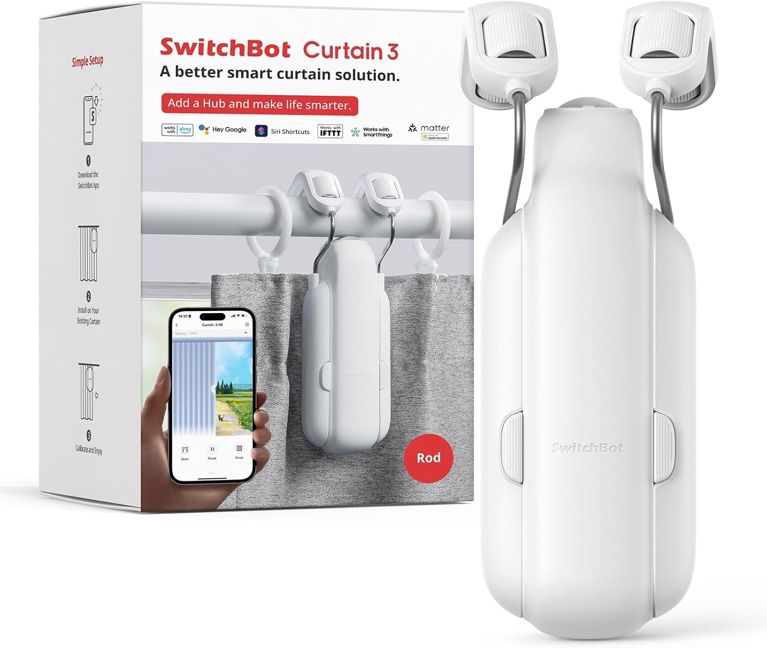 Tool‑free rod‑mount smart curtain opener supporting 15 kg heavy drapes, ultra‑quiet below 25dB, with app scheduling and voice‑control compatibility for home automation.