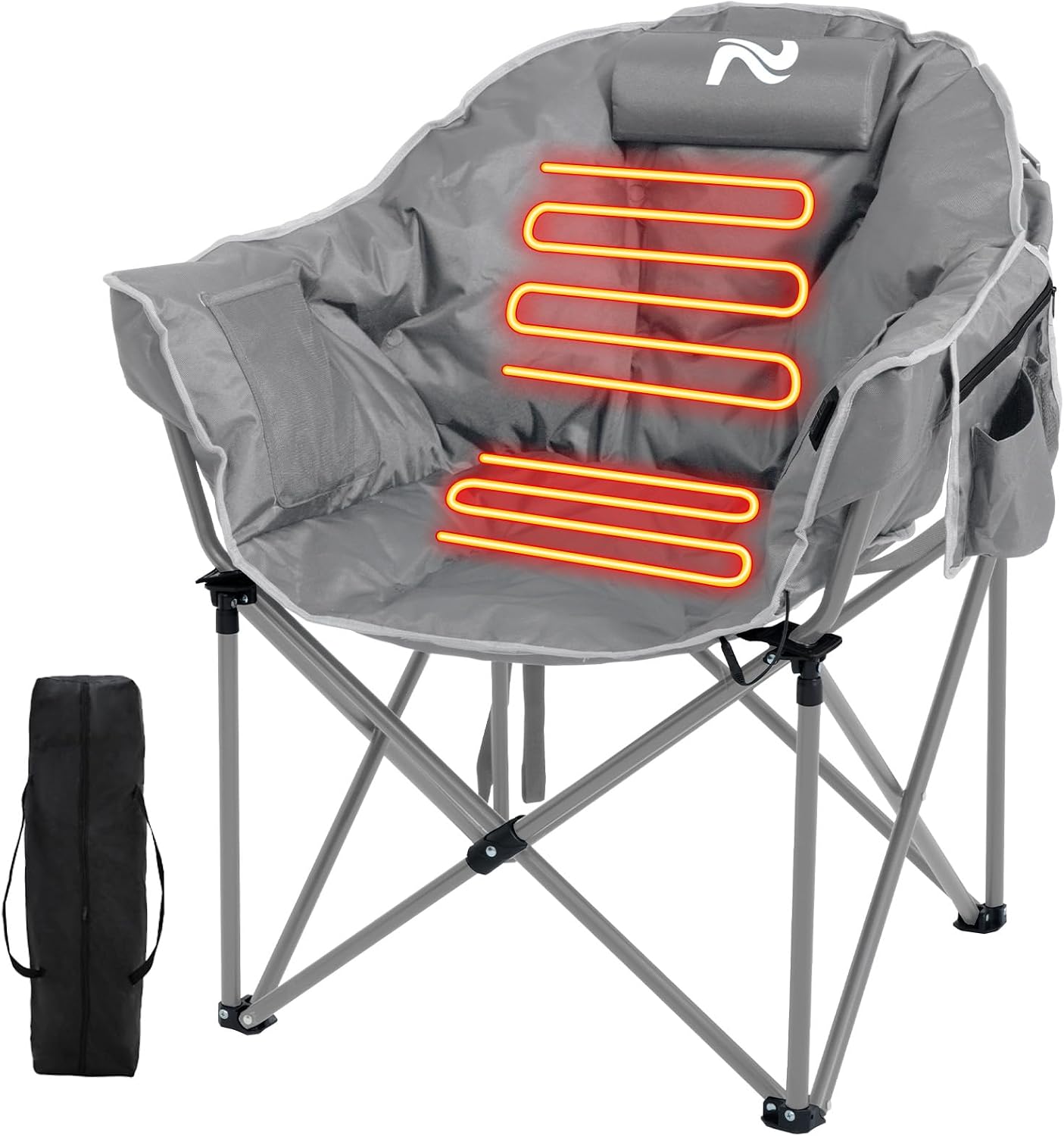 USB‑heated camping chair with dual‑zone 3‑level heating, tough 600D Oxford fabric, 500‑lb load capacity and carry bag for cold‑weather outdoor activities.