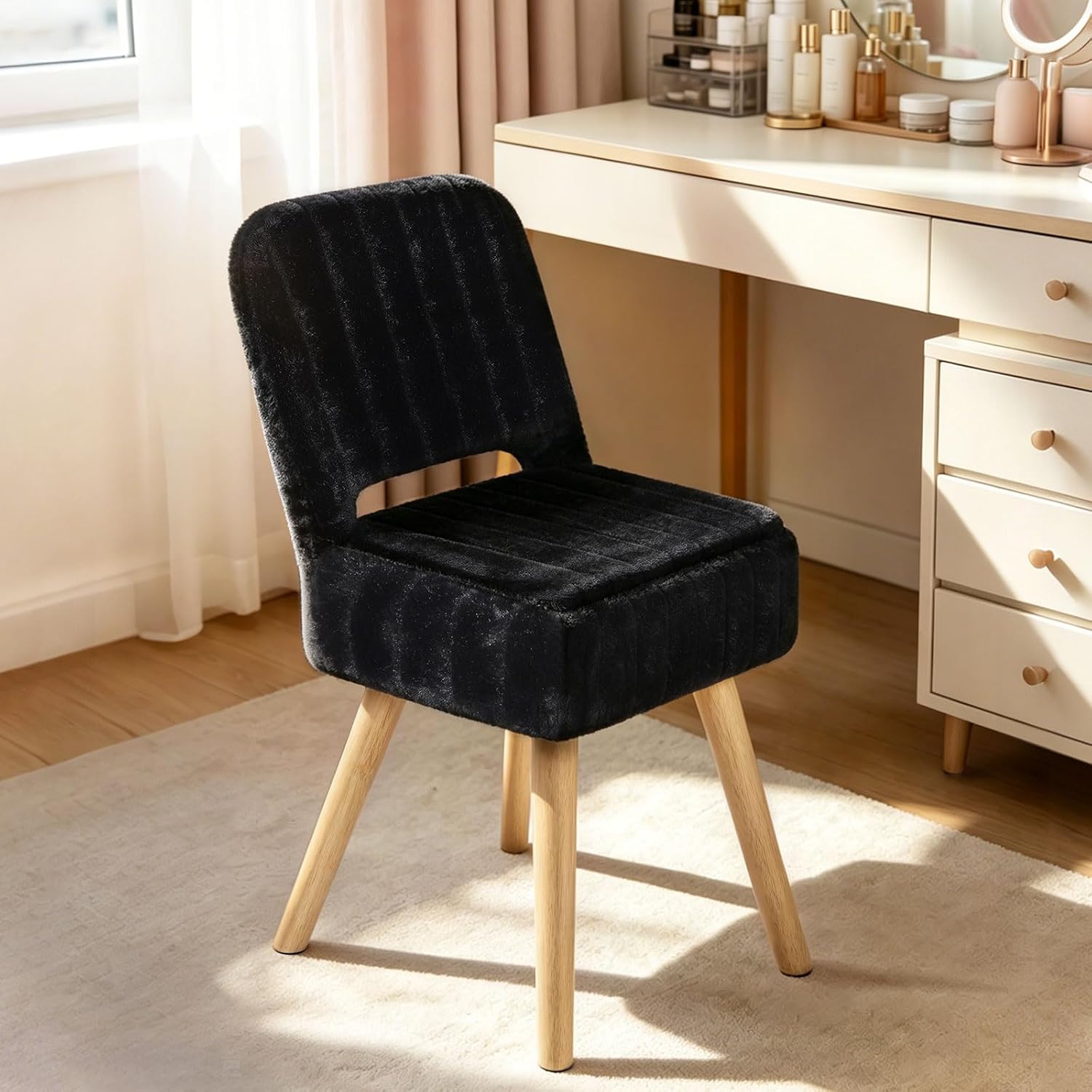 Faux Rabbit Fur Vanity Stool with Storage & Folding Backrest, Solid Wood Leg Soft Ottoman for Bedroom Closet, White