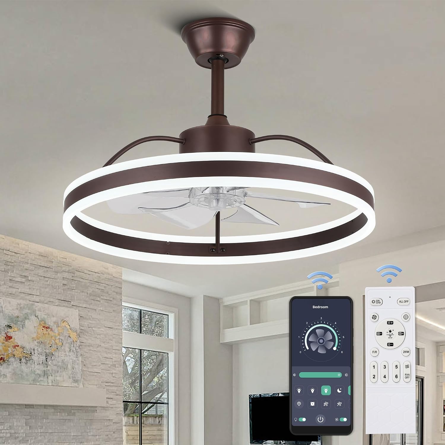 Low‑profile 2‑in‑1 flush‑mount ceiling fan with dimmable 3‑colour APP‑controlled LED light, reversible six‑speed motor, perfect for rooms with low ceilings.