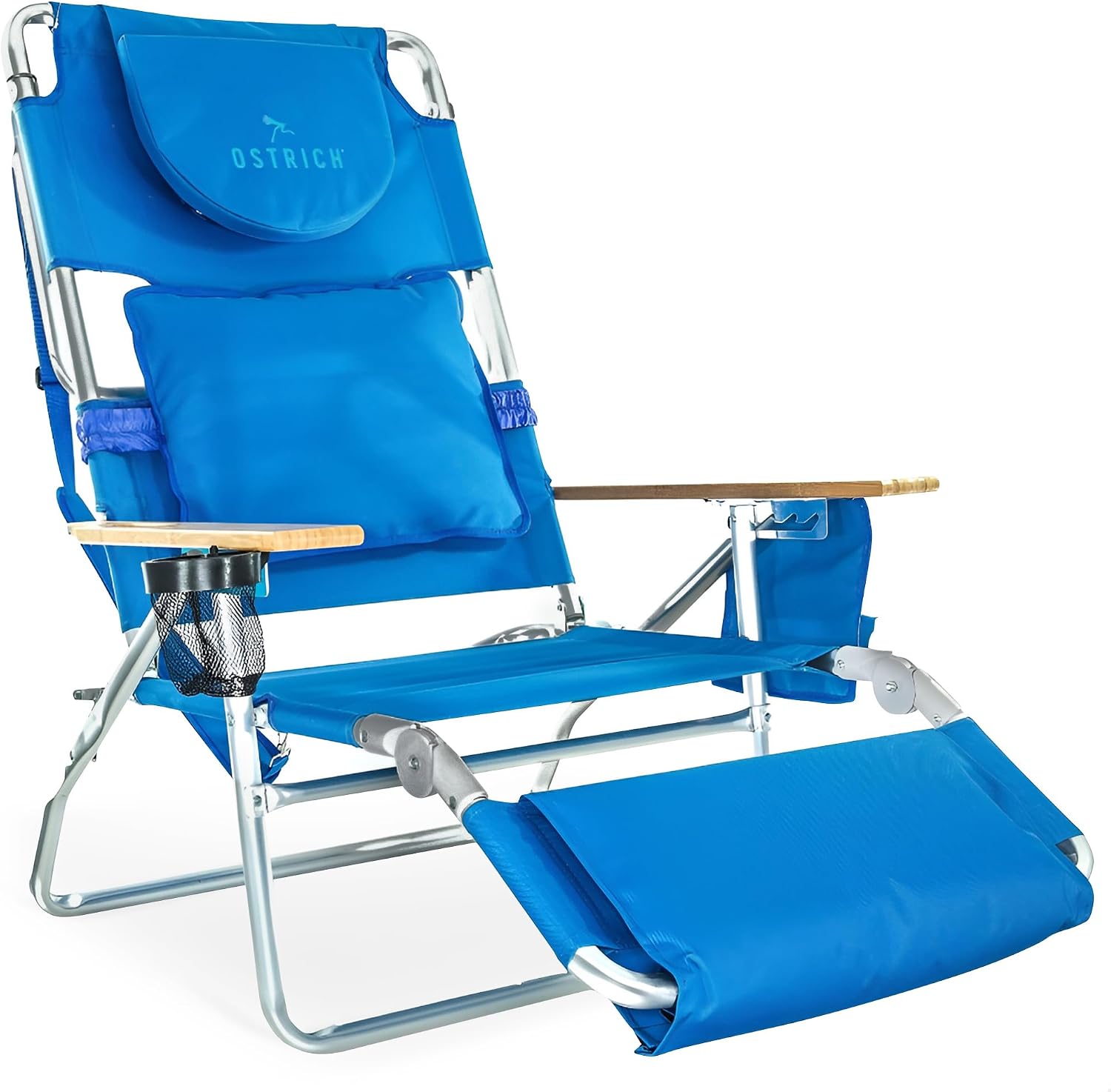 Portable reclining beach chair with face‑down feature, aluminium frame, cup holder and storage pockets for outdoor lounging and camping trips.