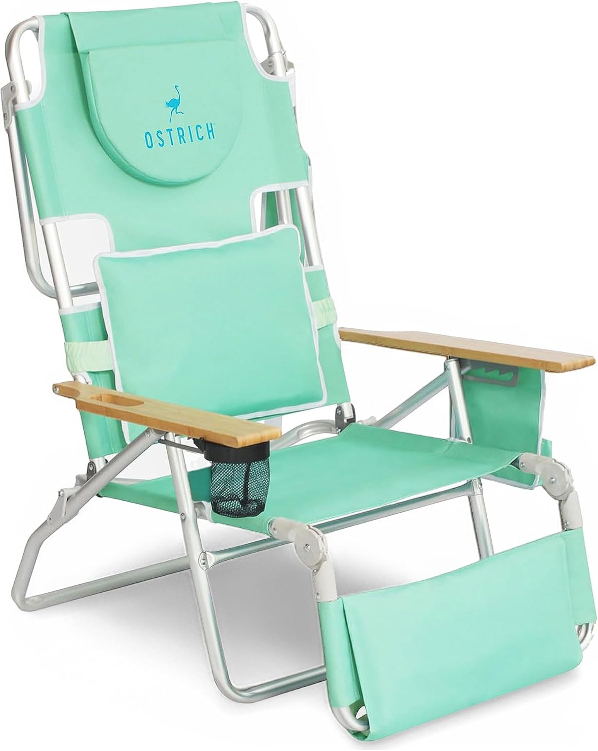 Portable reclining beach chair with face‑down feature, aluminium frame, cup holder and storage pockets for outdoor lounging and camping trips.