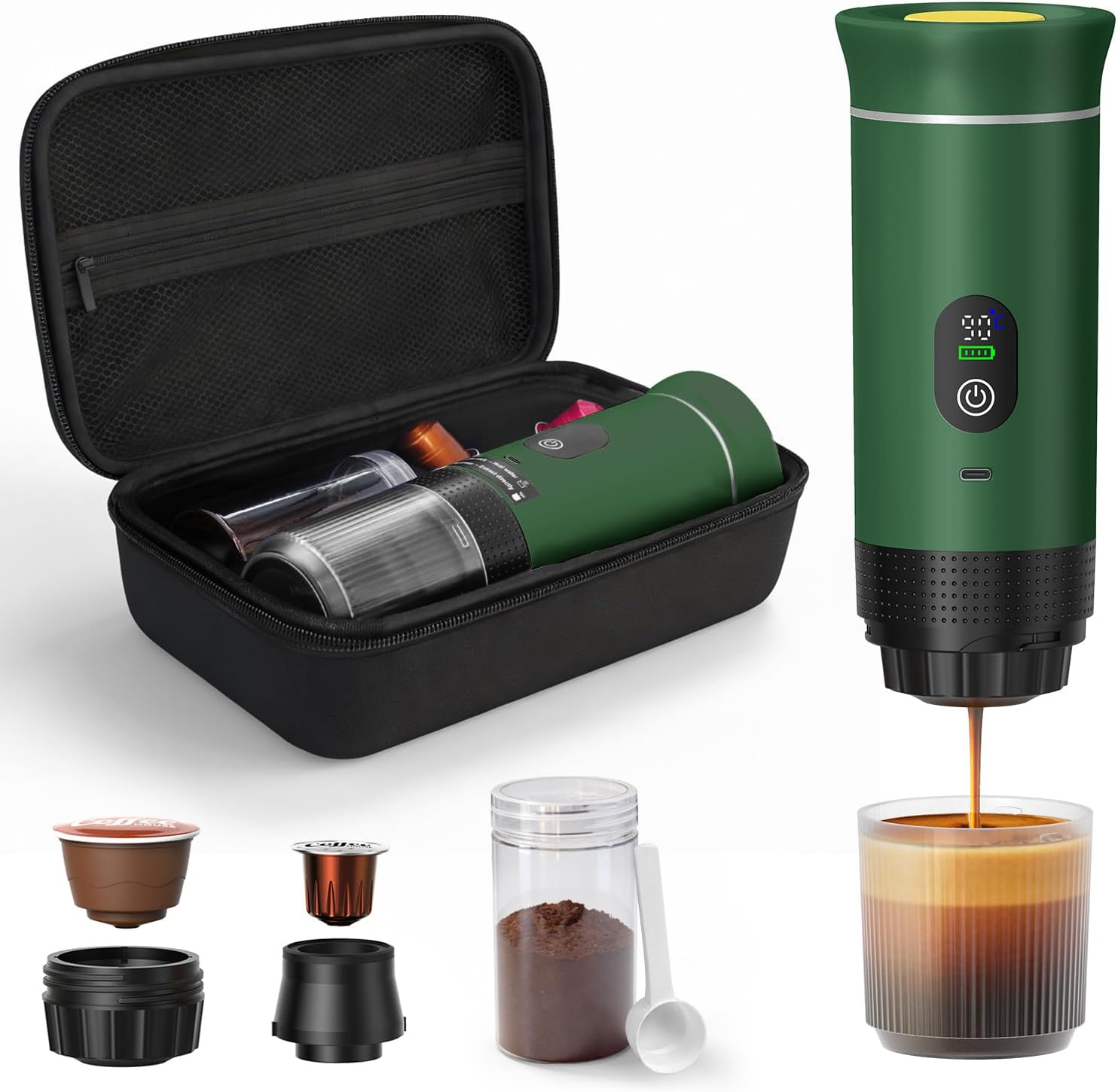 Cordless rechargeable portable espresso maker for ground coffee & NS capsules, with carry bag, perfect for camping, travel and office coffee brewing.