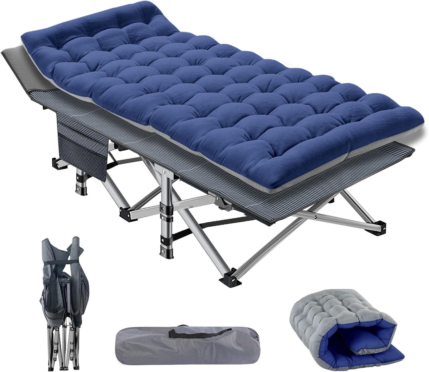 Heavy-duty folding camping cot with rust-proof steel frame and tough 1200D Oxford fabric, supporting 900lbs. Fast 10-second setup, removable dual-colour mattress and portable design for indoor and outdoor sleeping.