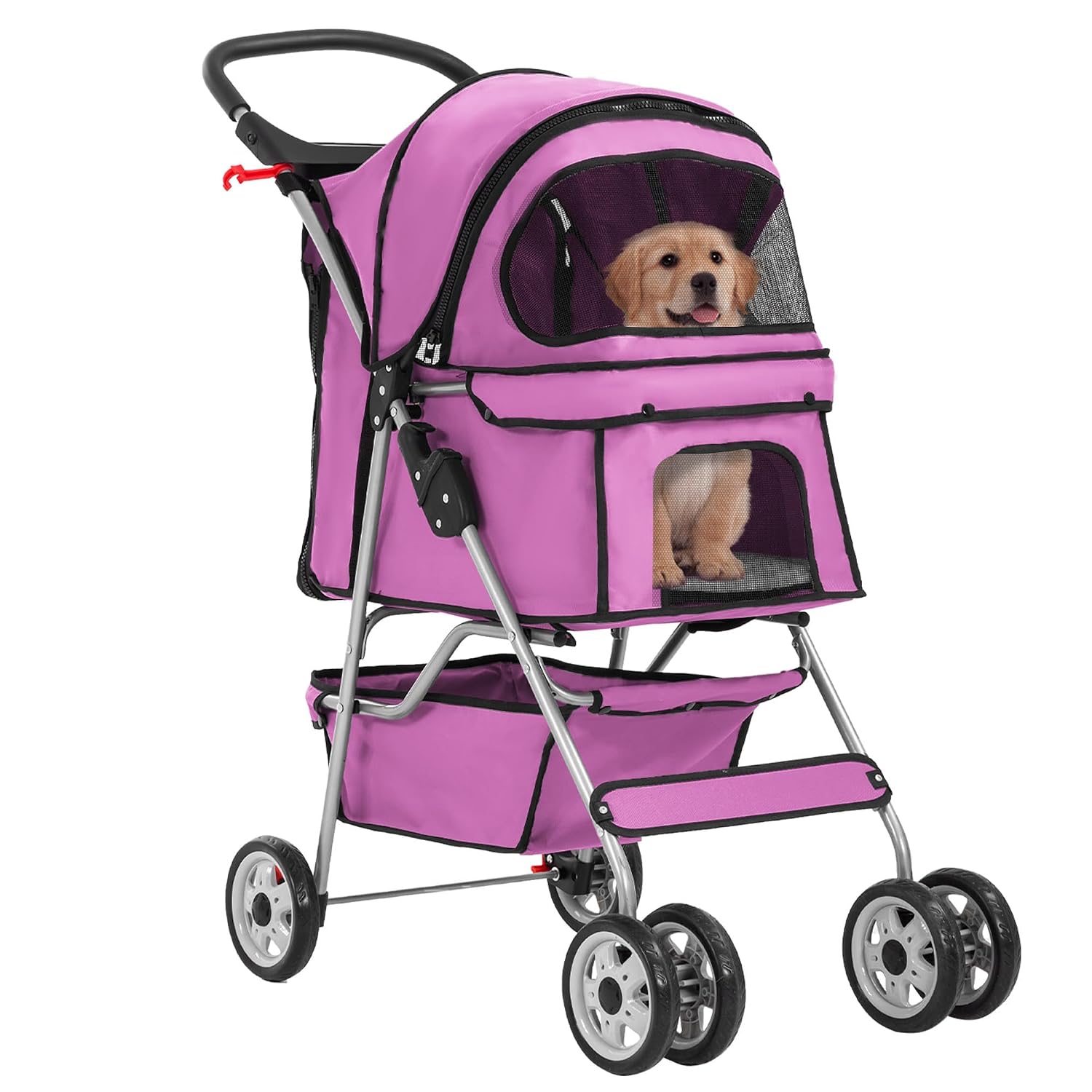 Lightweight foldable pet stroller with waterproof Oxford fabric, breathable mesh, safety brakes and storage space, ideal for walking, jogging and travelling with small dogs and cats.