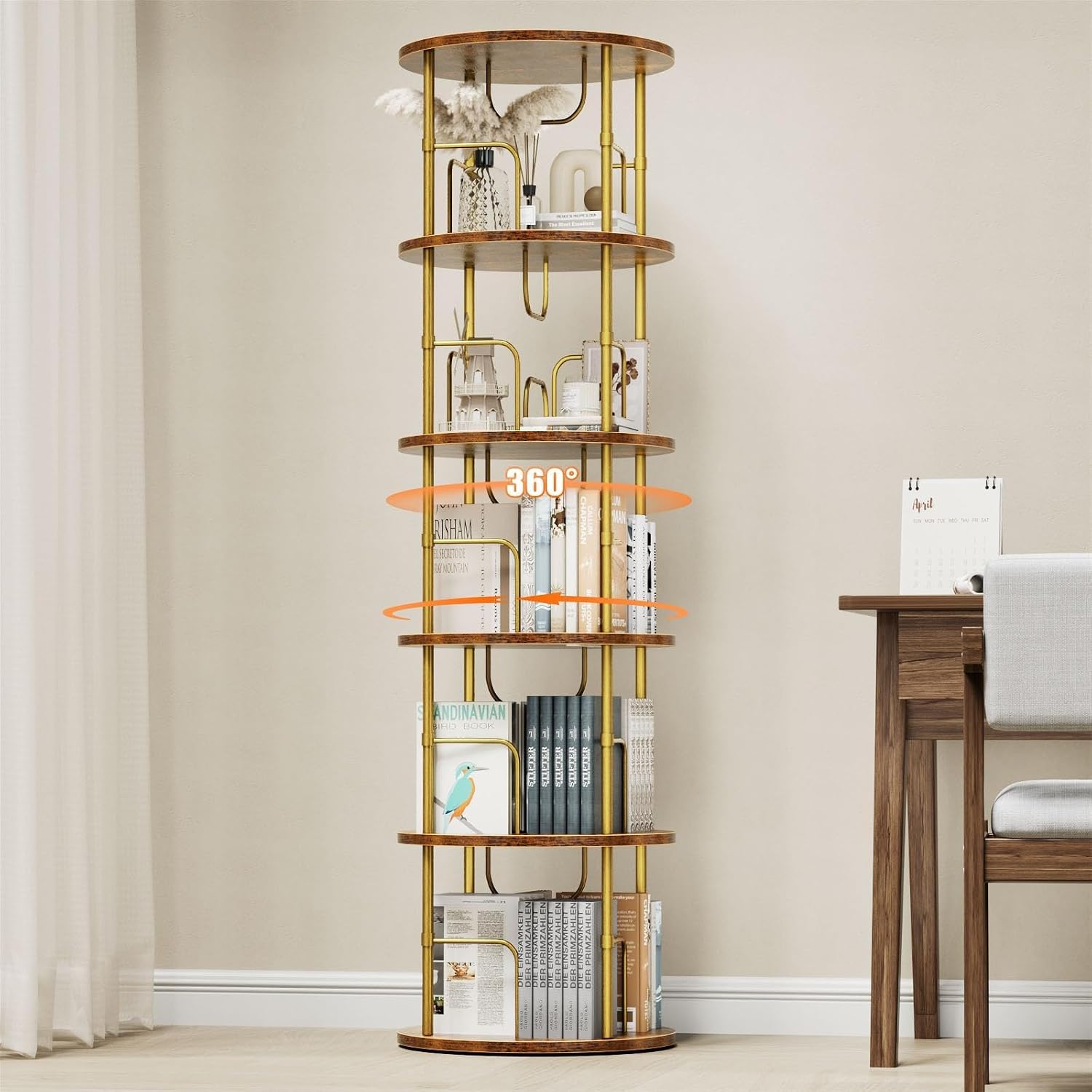 360‑degree rotating 5‑tier bookshelf crafted from robust MDF with metal frame. Customisable assembly, large capacity for books and decor, rounded safe edges, ideal storage for living rooms and bedrooms.