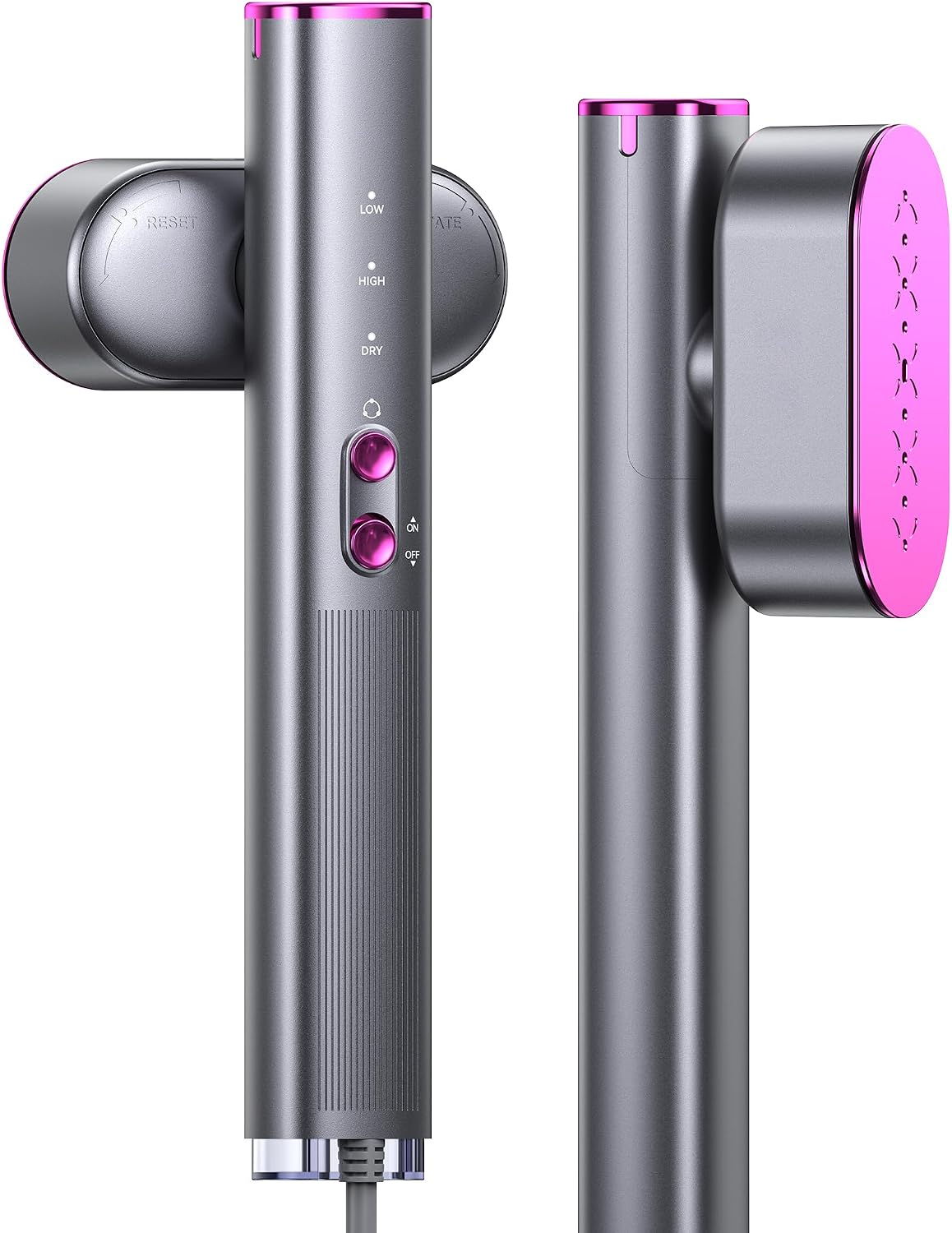 Lightweight compact handheld clothes steamer with steady fine steam, 100‑240V compatible, deodorises and removes wrinkles for travel and home use.