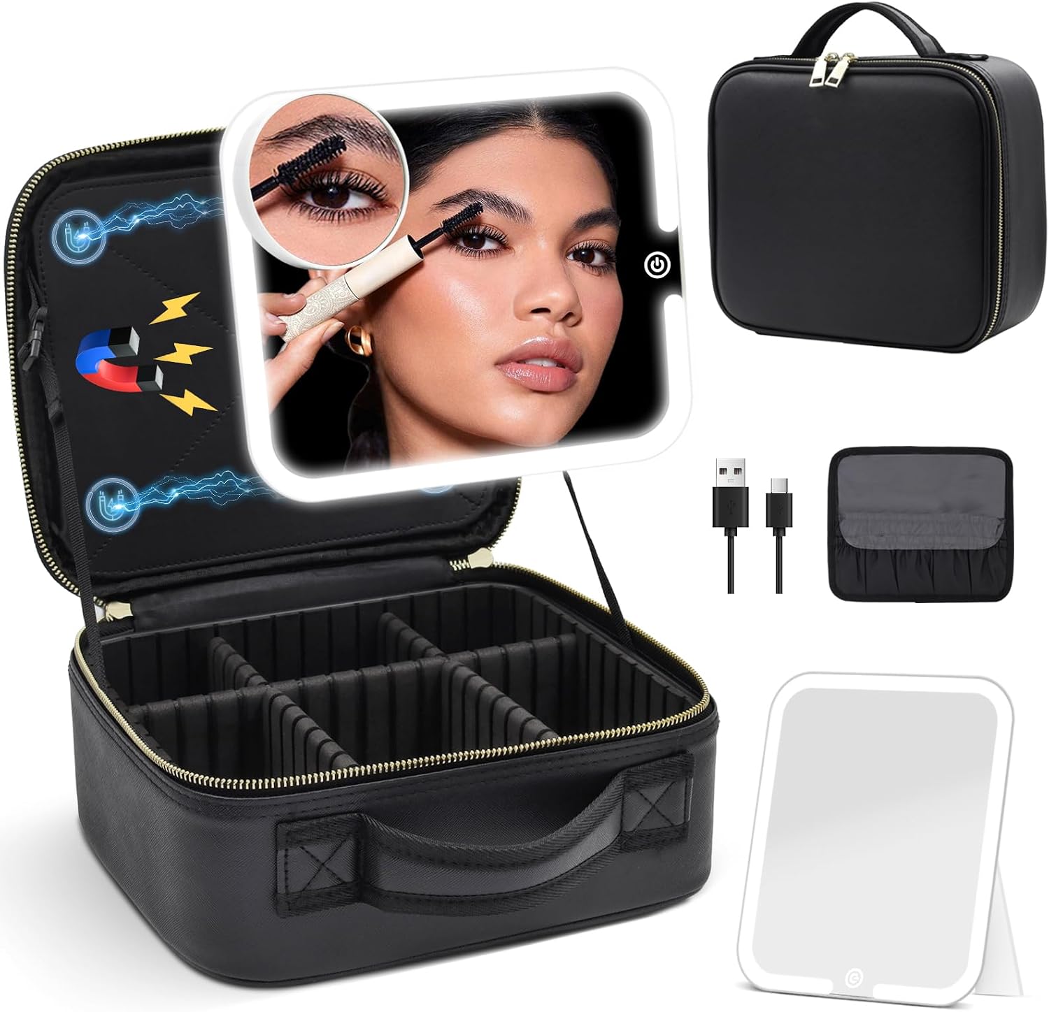 Travel‑friendly lighted makeup bag with detachable magnetic LED mirror, adjustable compartments, waterproof PU, perfect for travel and gifting.