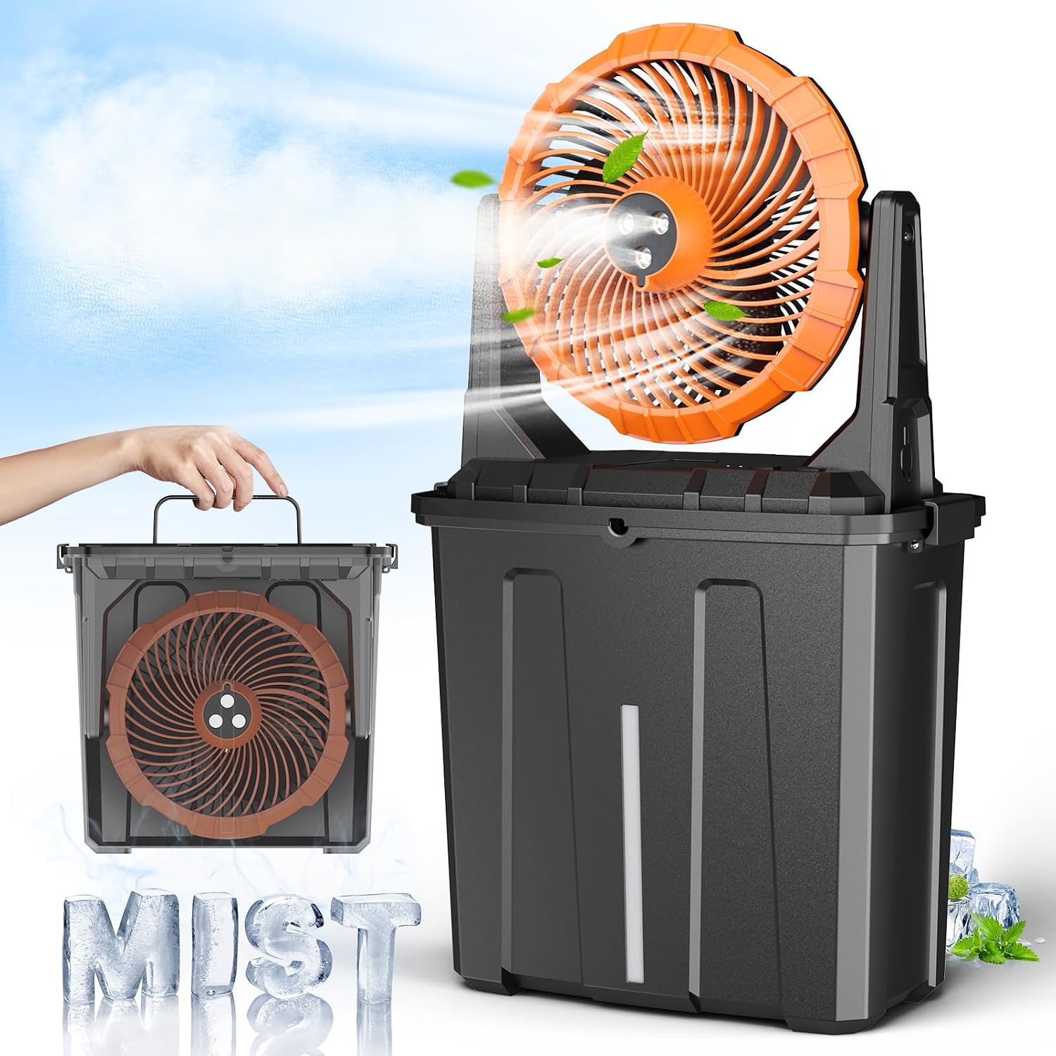 Ausic 9L Portable Misting Fan, 30000mAh Rechargeable Outdoor Fan with 3‑Speed Wind for Patio Camping Fishing Garden