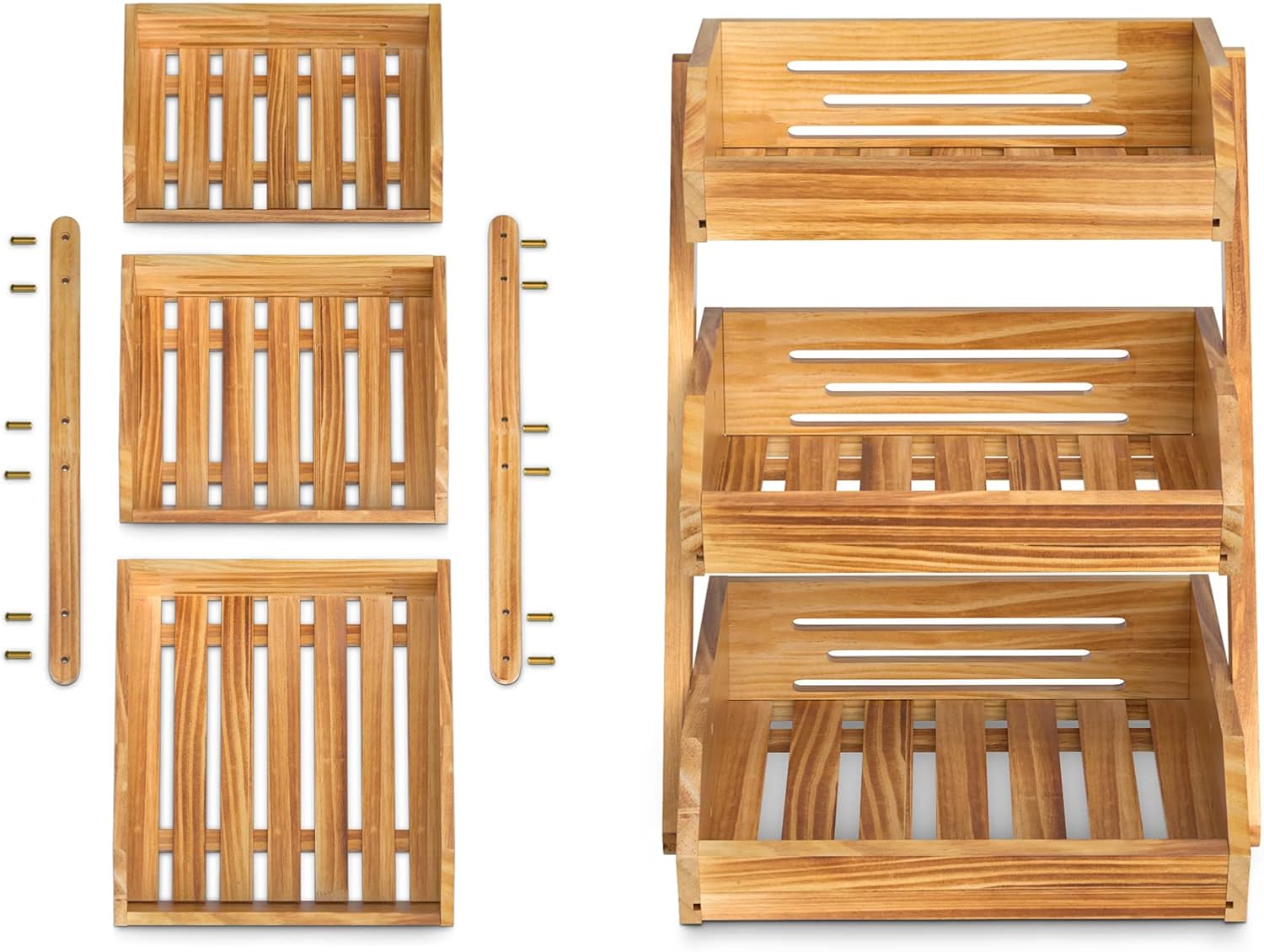 This spacious natural bamboo fruit storage rack creates an eye‑catching kitchen centrepiece, holding fruit, vegetables and bread with quick simple assembly.
