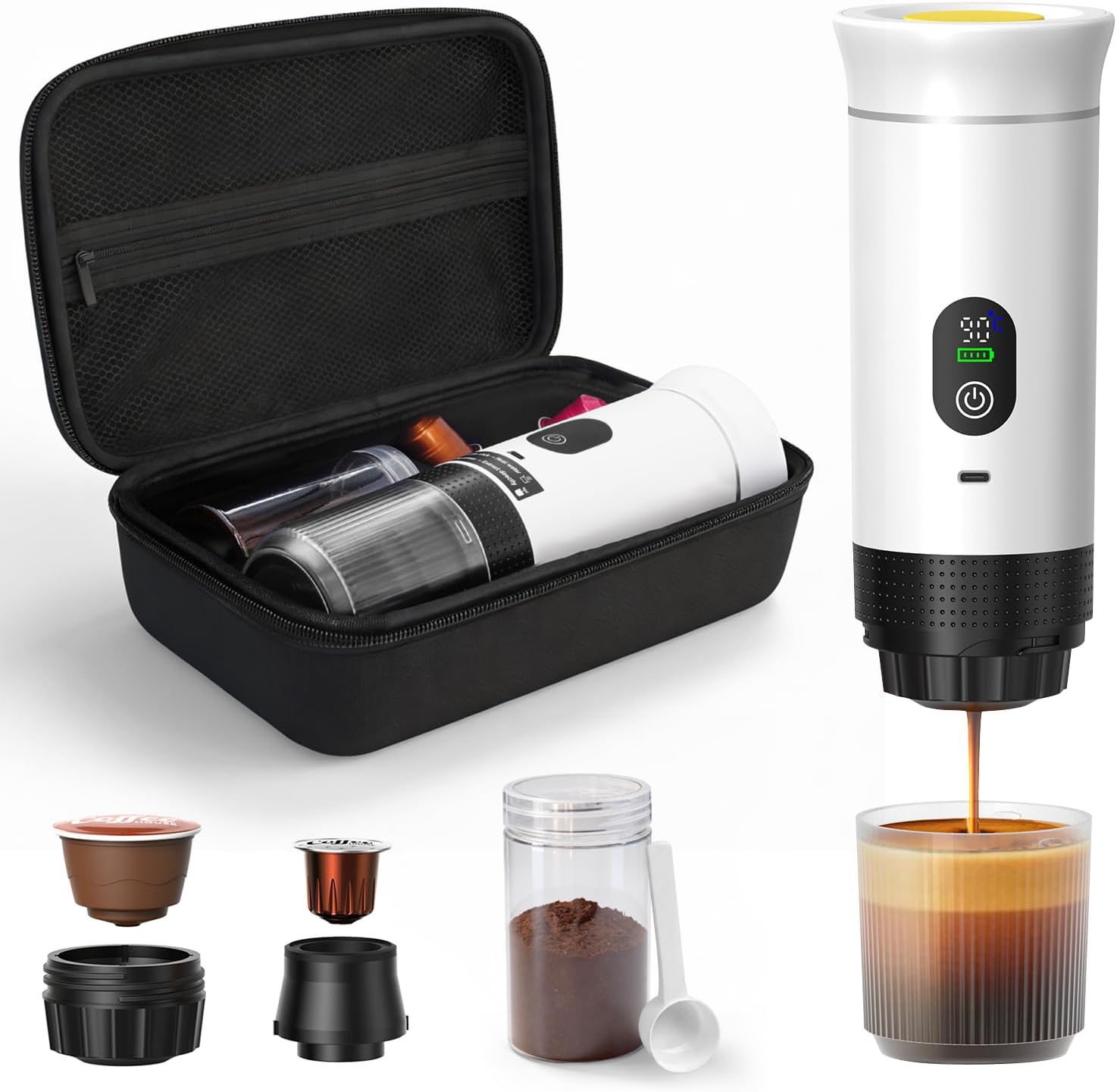 Cordless rechargeable portable espresso maker for ground coffee & NS capsules, with carry bag, perfect for camping, travel and office coffee brewing.