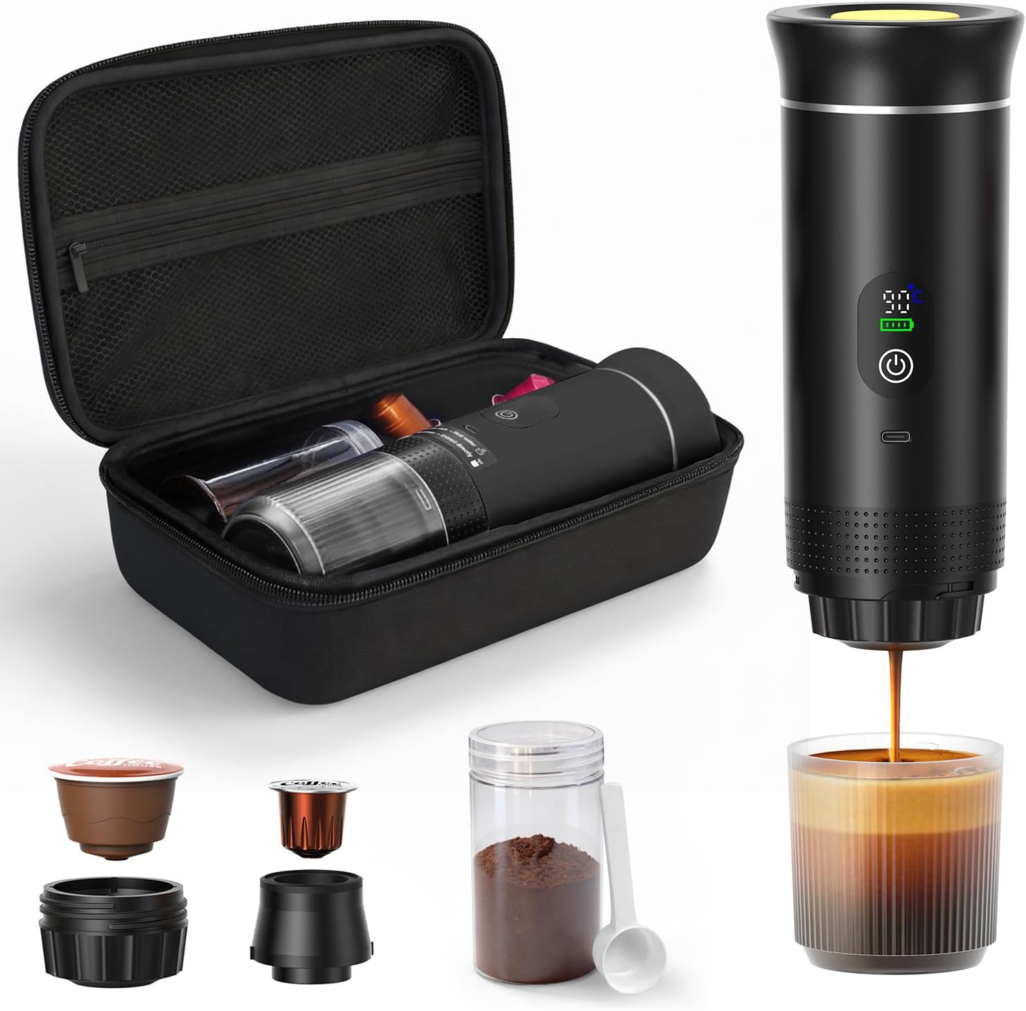 Cordless rechargeable portable espresso maker for ground coffee & NS capsules, with carry bag, perfect for camping, travel and office coffee brewing.