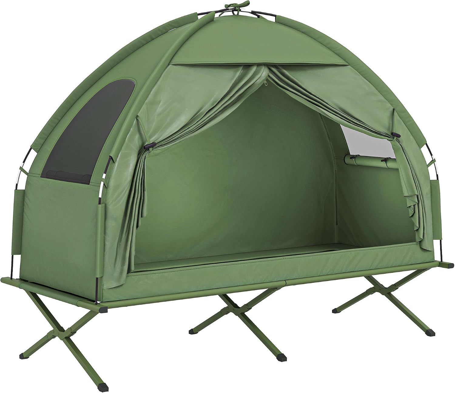 All‑in‑one single‑person camping cot‑tent combo with fast‑fold setup, wind‑resistant fabric and sturdy steel legs supporting 225 lbs, elevating you off rough ground for fair‑weather outdoor sleeping.