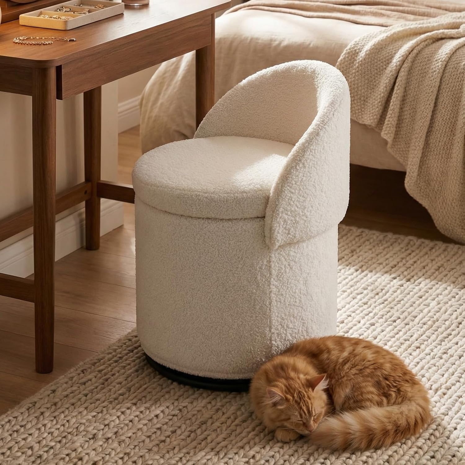Plush sherpa swivel vanity ottoman with hidden storage, 360° rotating base, stylish compact makeup seat for bedroom and living‑room use.