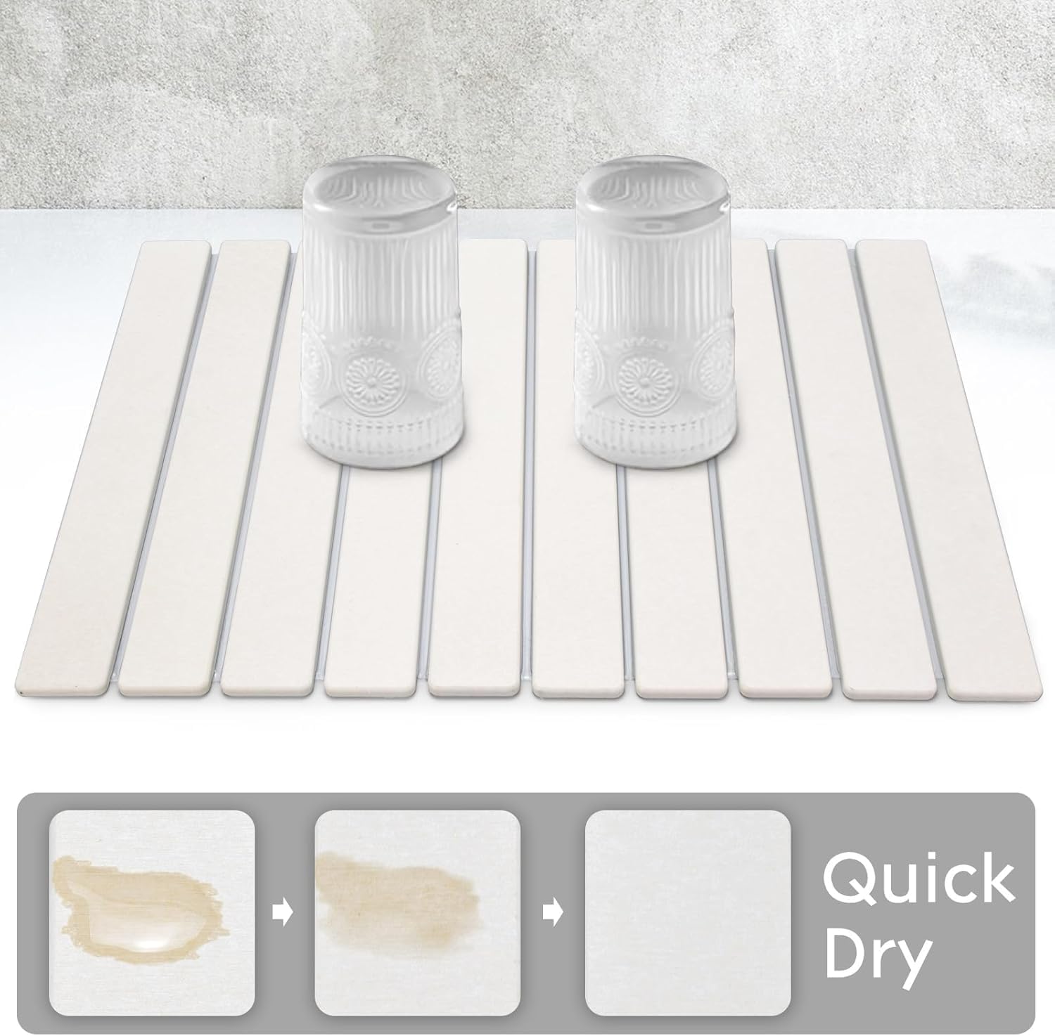 Large foldable diatomaceous‑earth dish drying mat, highly absorbent and quick‑drying, eco‑friendly design for cups, bottles and tableware, suits most kitchen countertops.