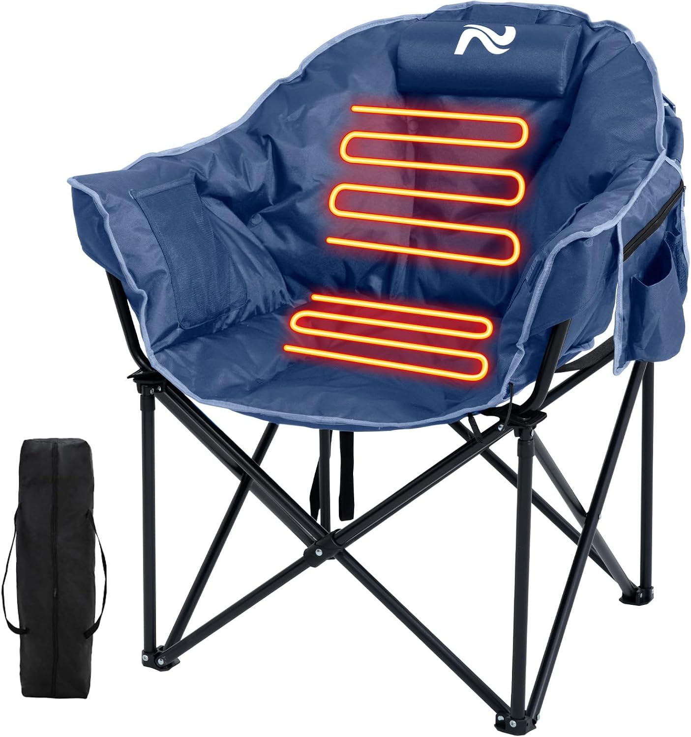 USB‑heated camping chair with dual‑zone 3‑level heating, tough 600D Oxford fabric, 500‑lb load capacity and carry bag for cold‑weather outdoor activities.
