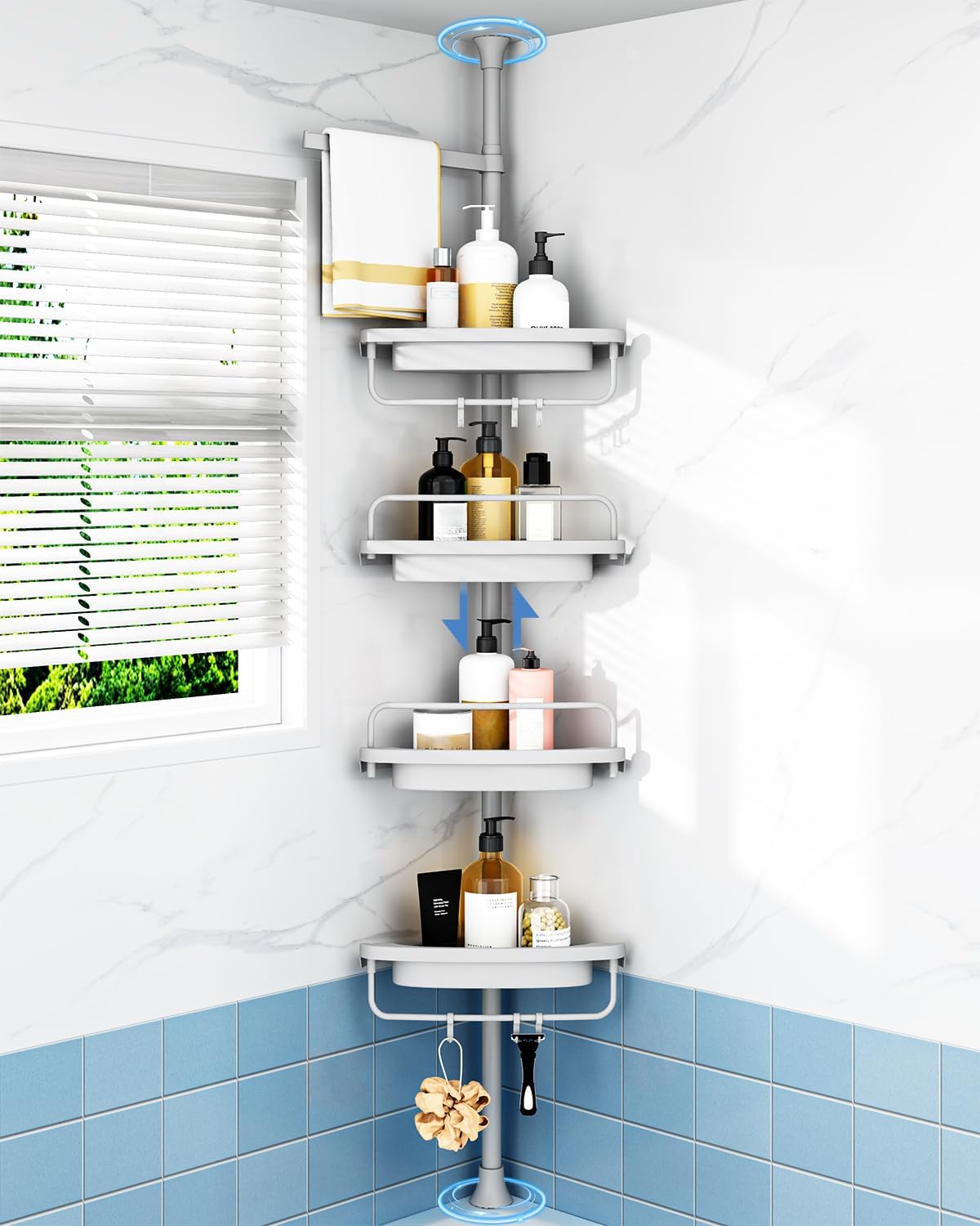 Rust‑proof corner shower caddy with 304 stainless‑steel tension pole, four large draining shelves, tool‑free fit for bathroom toiletries storage. 