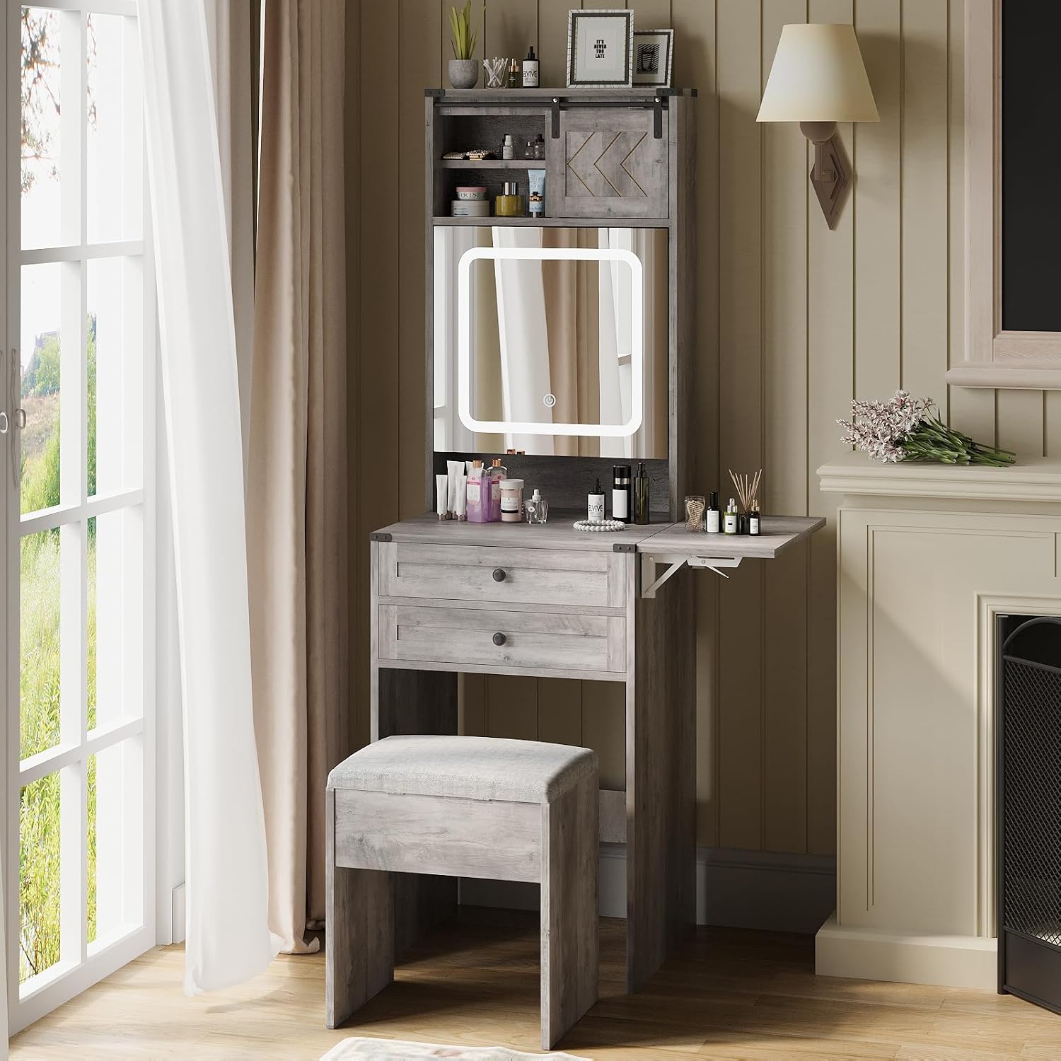 Compact space‑saving dressing‑table set with drop‑leaf top, storage drawers, stowable storage stool and dimmable three‑tone LED mirror for small bedrooms and apartments.