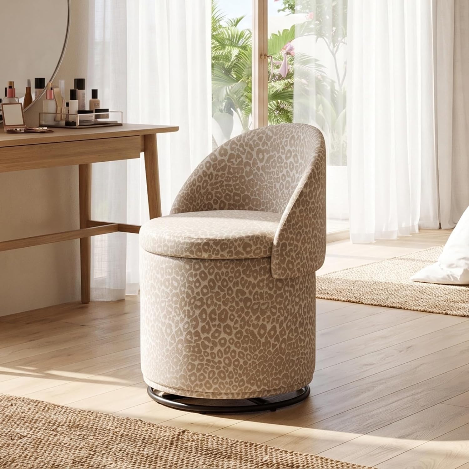 Plush sherpa swivel vanity ottoman with hidden storage, 360° rotating base, stylish compact makeup seat for bedroom and living‑room use.