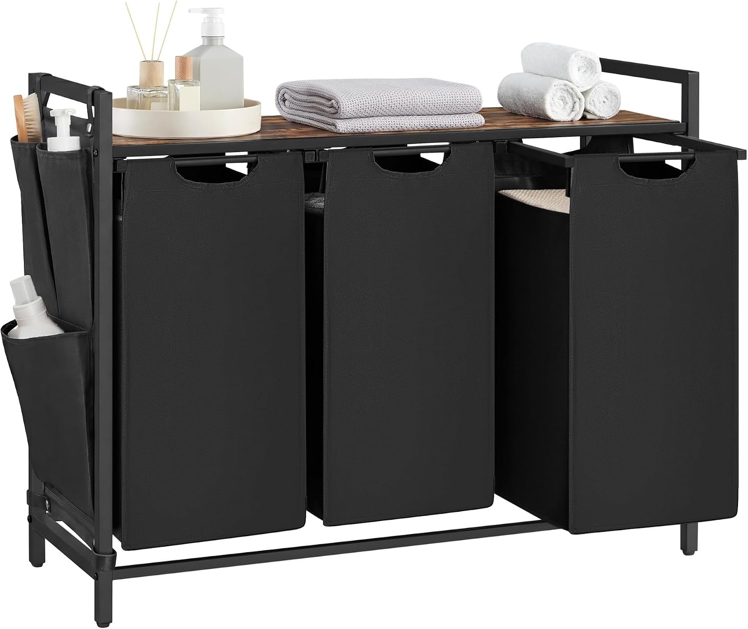 Laundry hamper with ventilated top shelf, removable washable fabric bags, robust steel‑MDF frame holding 44 lbs and adjustable feet for tidy bedroom, bathroom and utility‑room storage.
