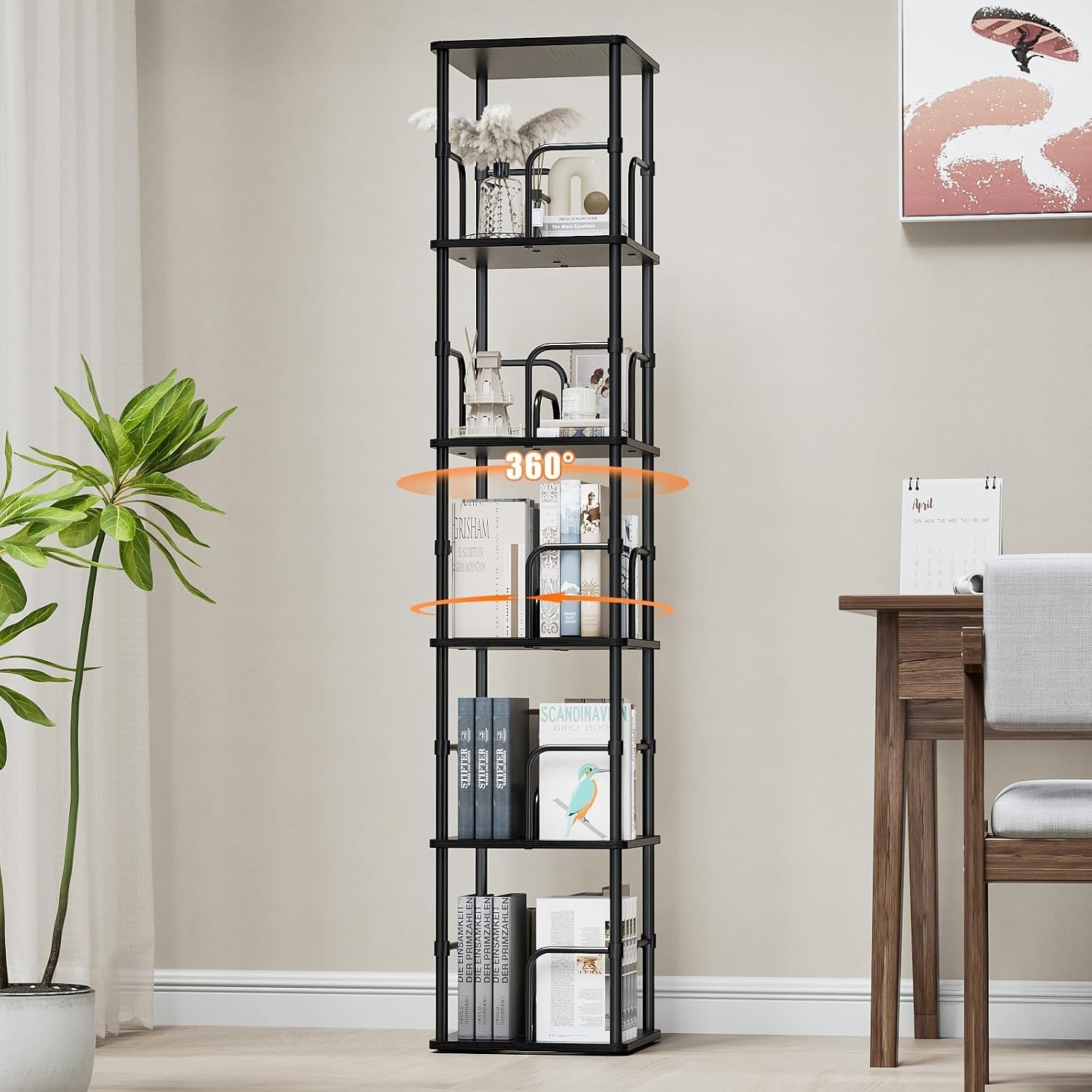 360‑degree rotating 5‑tier bookshelf crafted from robust MDF with metal frame. Customisable assembly, large capacity for books and decor, rounded safe edges, ideal storage for living rooms and bedrooms.