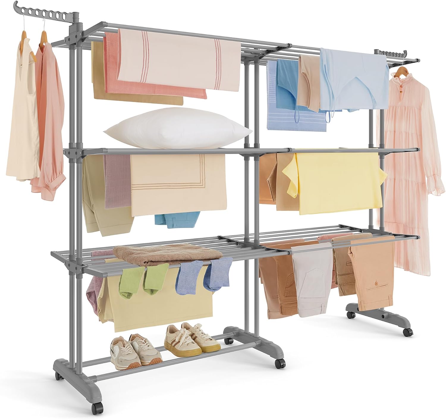 Sturdy 4‑tier foldable clothes airer with lockable castors, large drying space for indoor and outdoor laundry, holds up to 90.4 lb. 